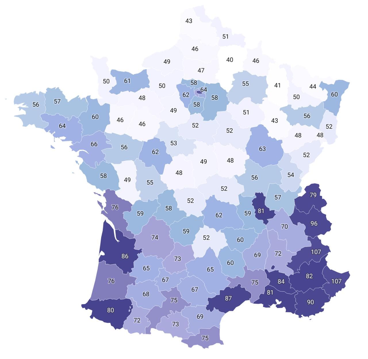 Carte de France montrant la densité de domaines .fr par département