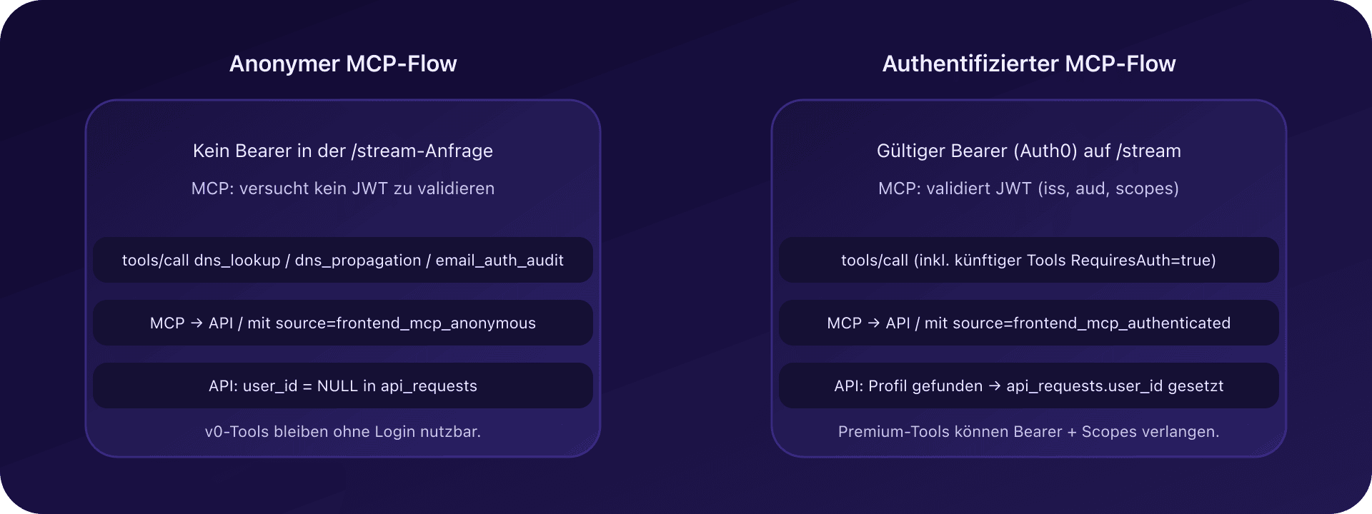 Anonymer vs. authentifizierter Flow im CaptainDNS-MCP