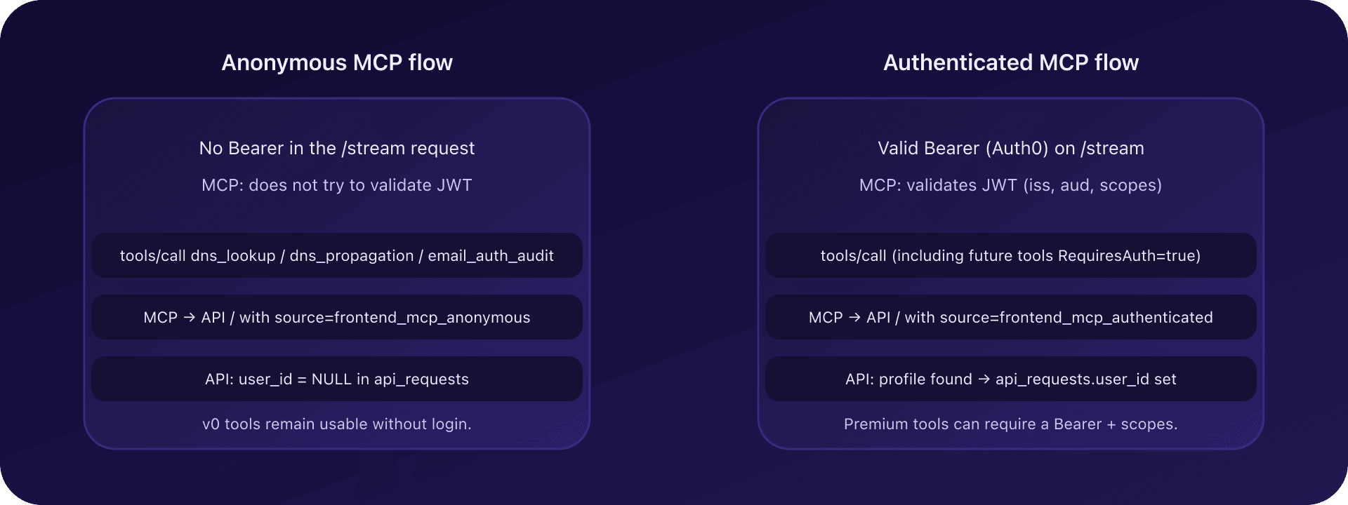 Anonymous vs authenticated flow for CaptainDNS MCP