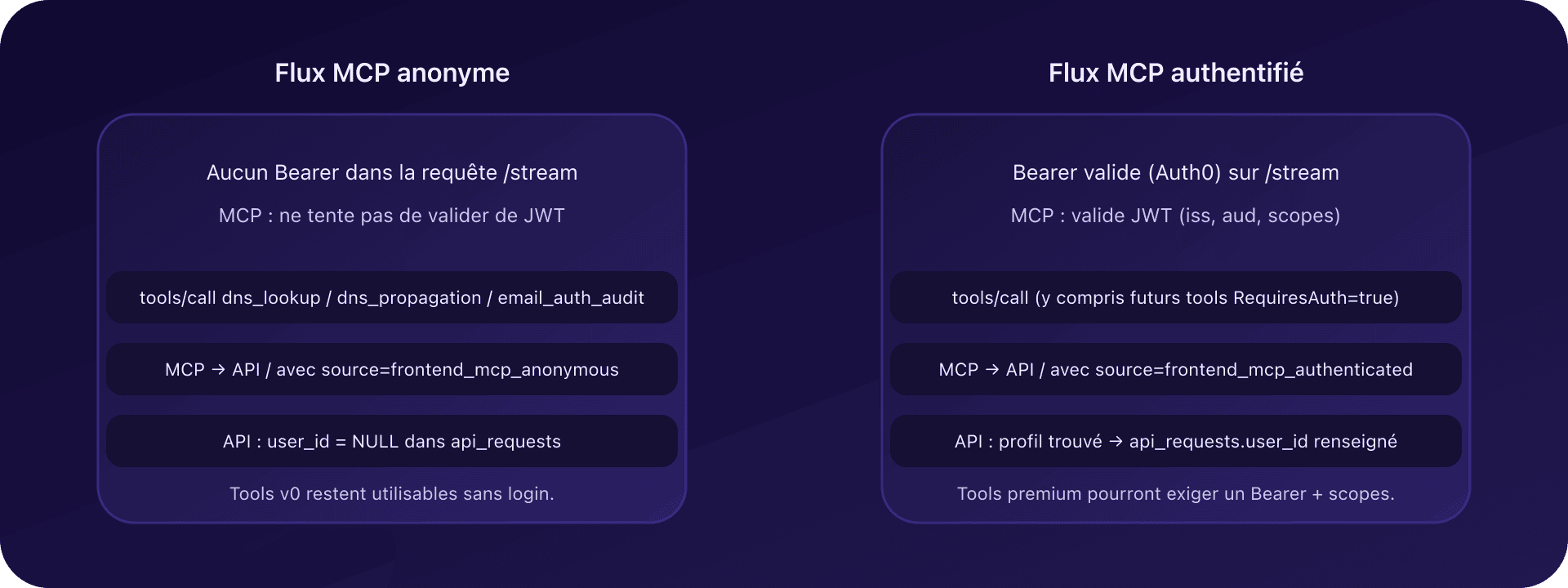 Flux anonyme vs authentifié côté MCP CaptainDNS
