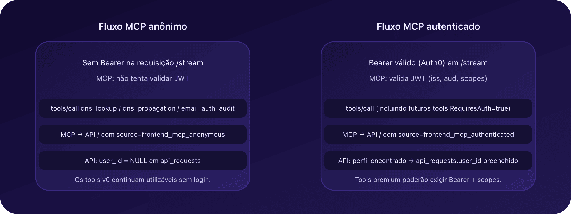 Fluxo anônimo vs autenticado no MCP CaptainDNS