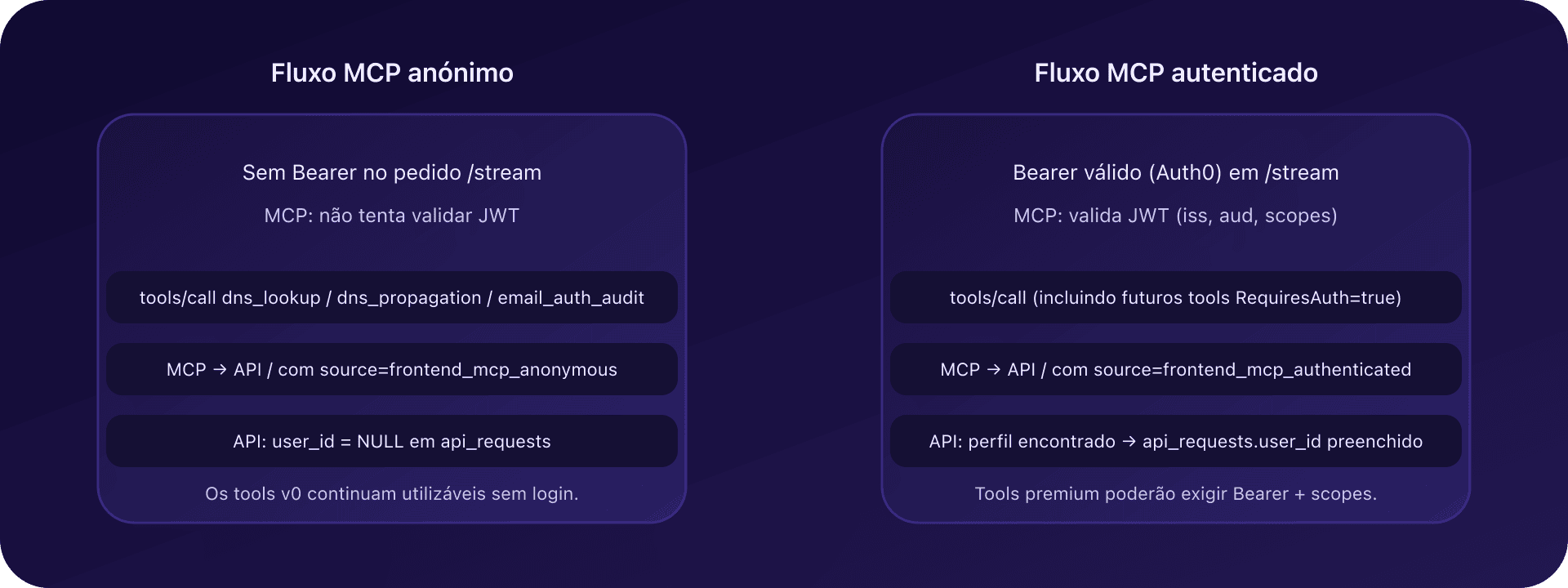 Fluxo anónimo vs autenticado no MCP CaptainDNS