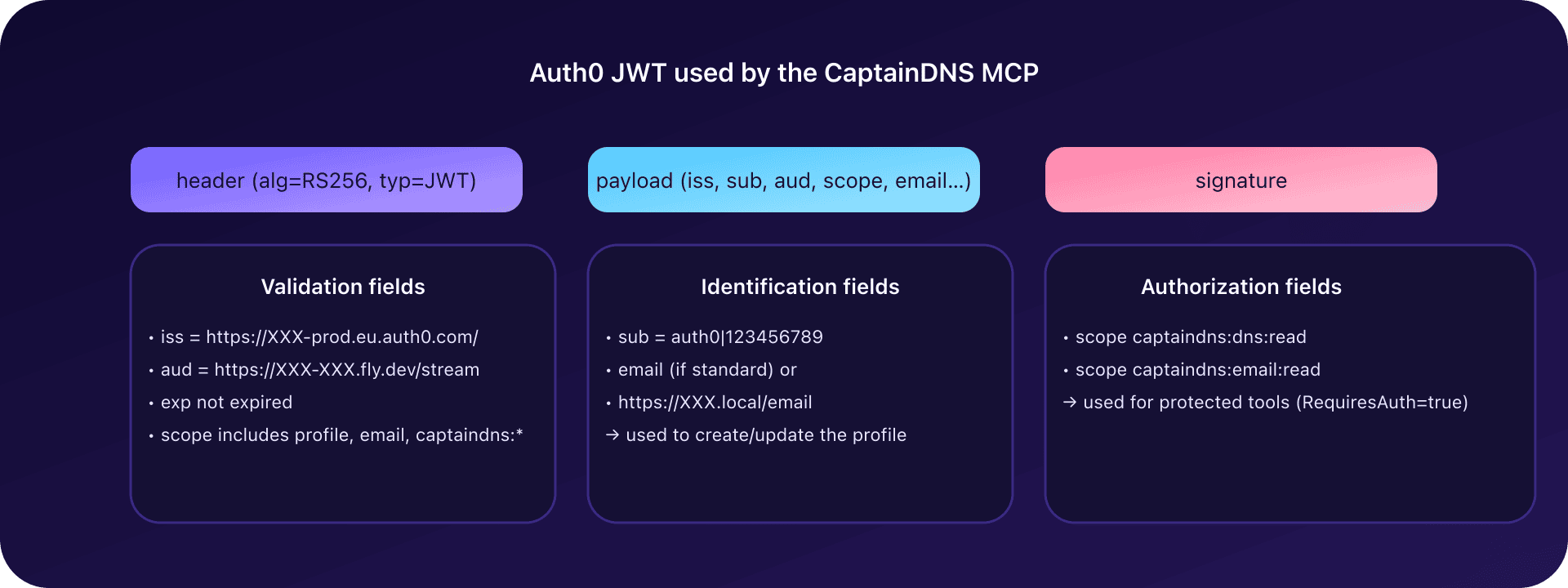 Structure of an Auth0 JWT for CaptainDNS MCP
