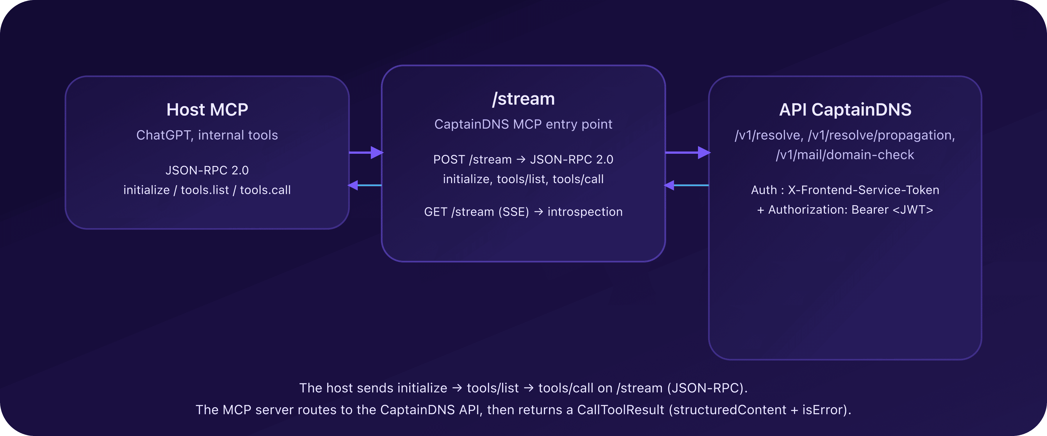 CaptainDNS MCP transport diagram