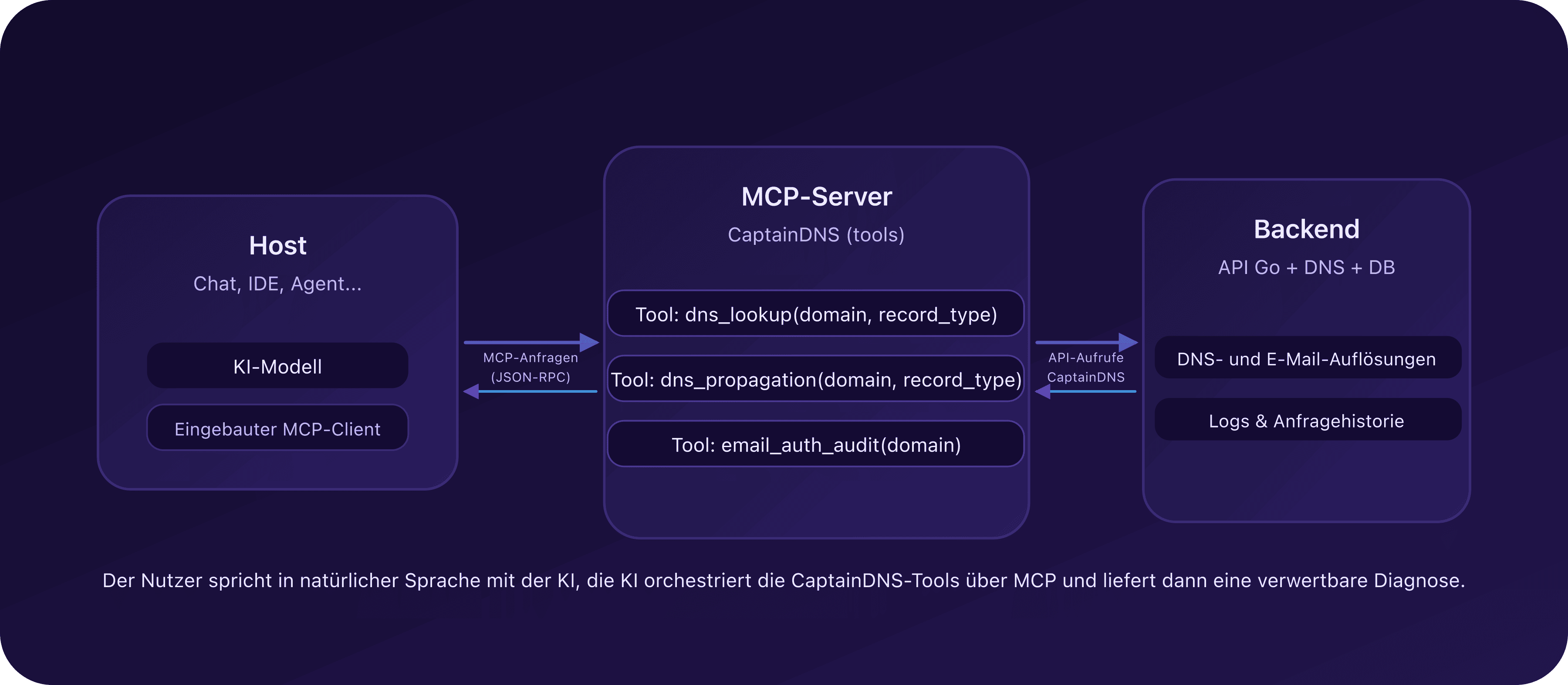 Fluss: KI-Host → CaptainDNS-MCP-Server → Backend und API