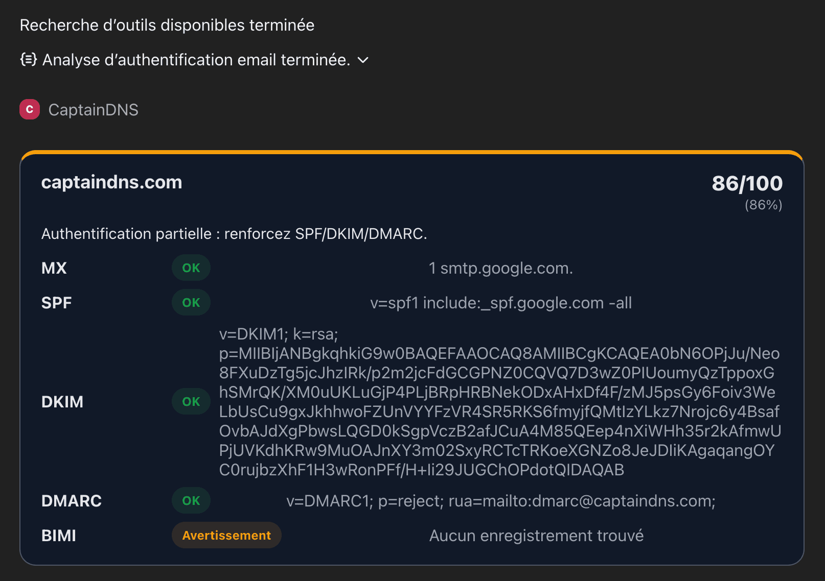 Screenshot of the email_auth_audit widget in ChatGPT showing the score and MX/SPF/DKIM/DMARC/BIMI checks for captaindns.com