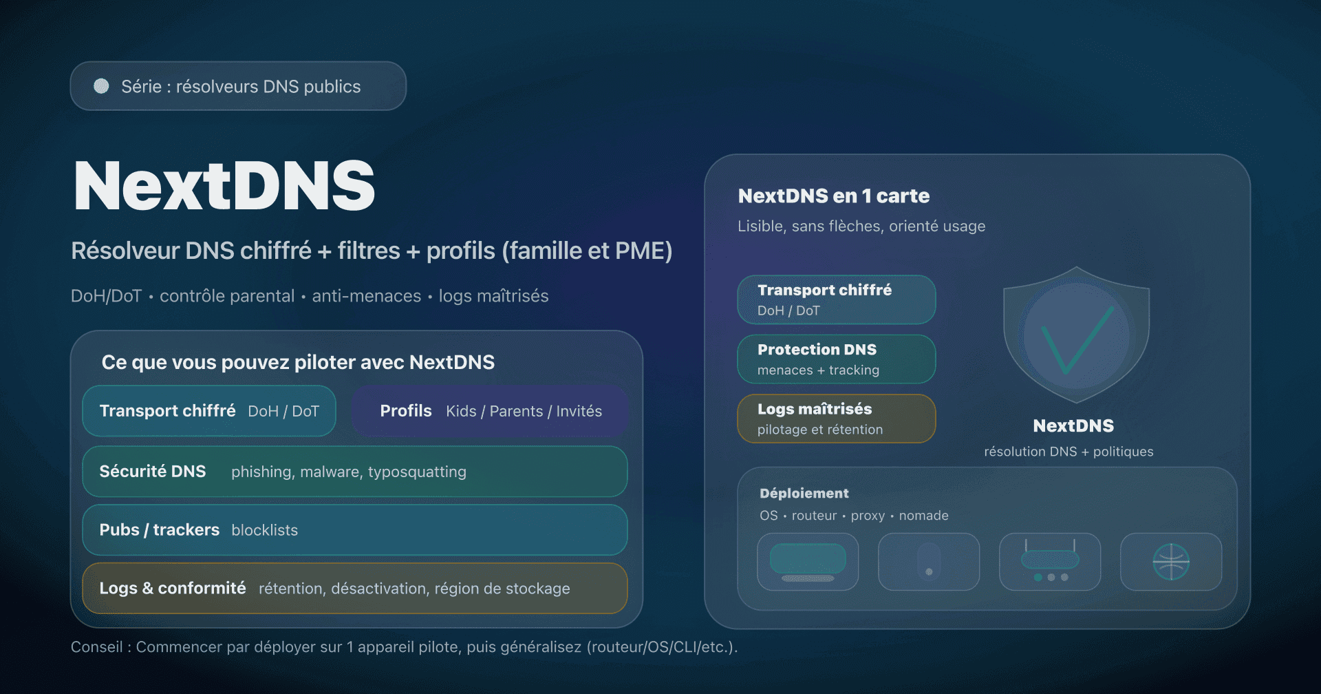 Illustration : NextDNS, résolveur DNS personnalisé (DoH/DoT), filtrage et profils.