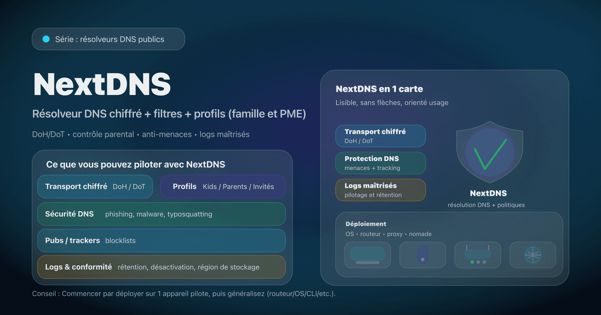 Illustration : NextDNS, résolveur DNS personnalisé (DoH/DoT), filtrage et profils.