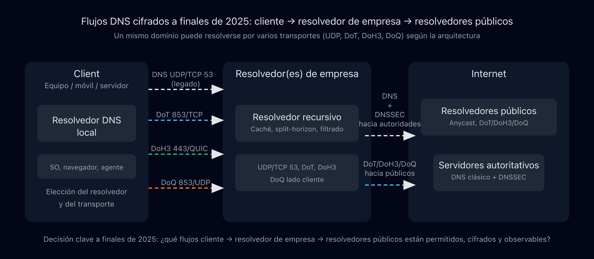 Flujos DNS cifrados entre cliente, resolvedor de empresa y resolvedores públicos