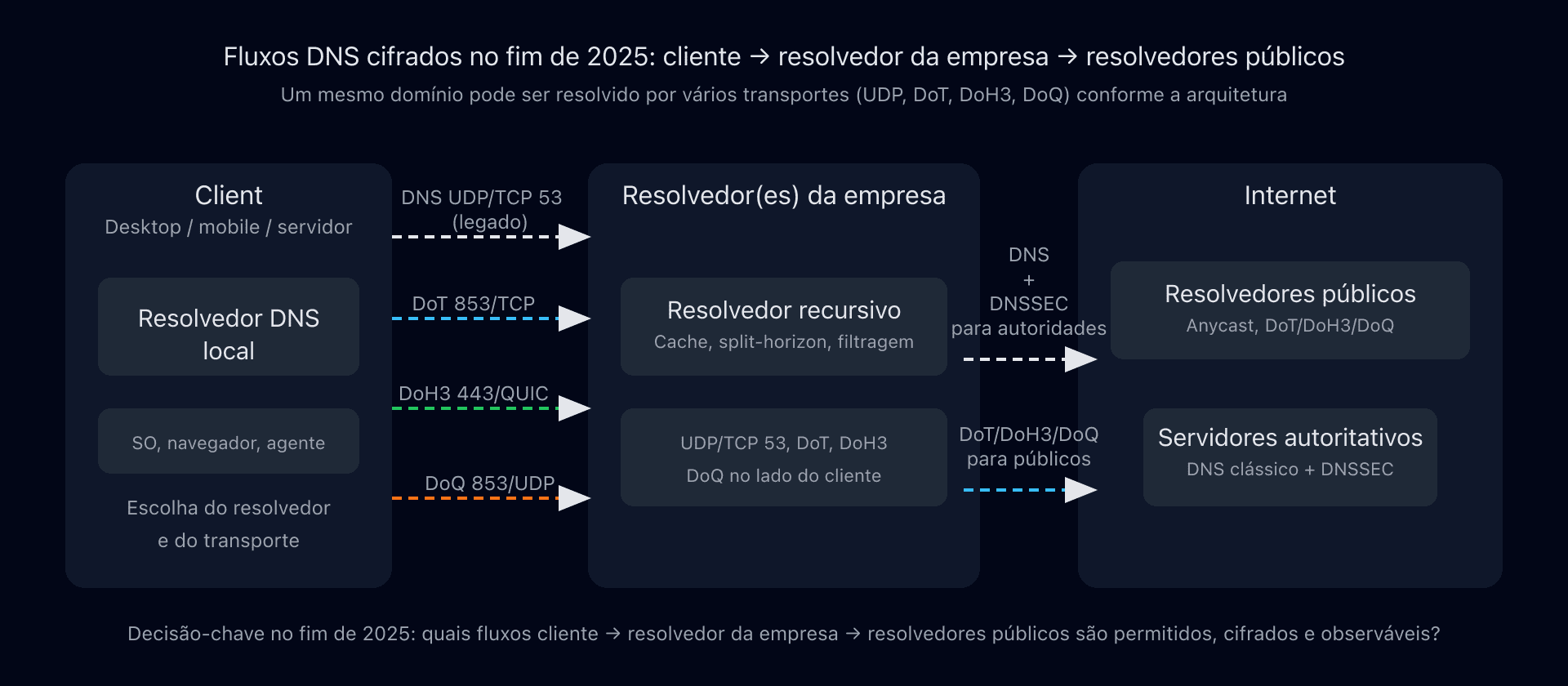 Fluxos DNS encriptados entre cliente, resolvedor da empresa e resolvedores públicos