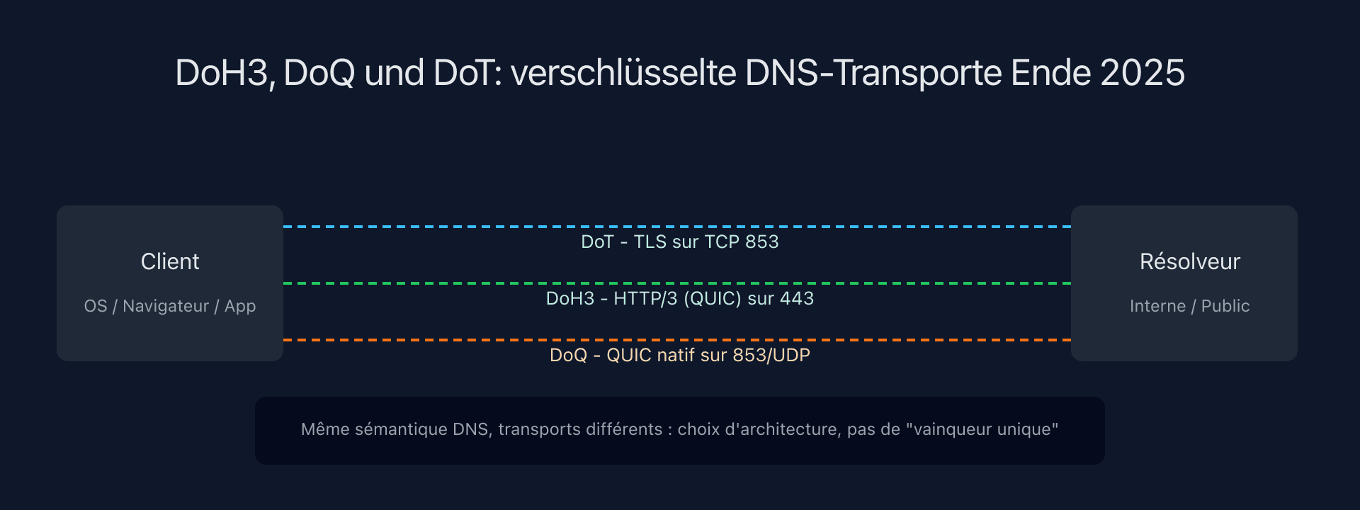 Schema, das DoH3, DoQ und DoT in einer modernen DNS-Architektur vergleicht