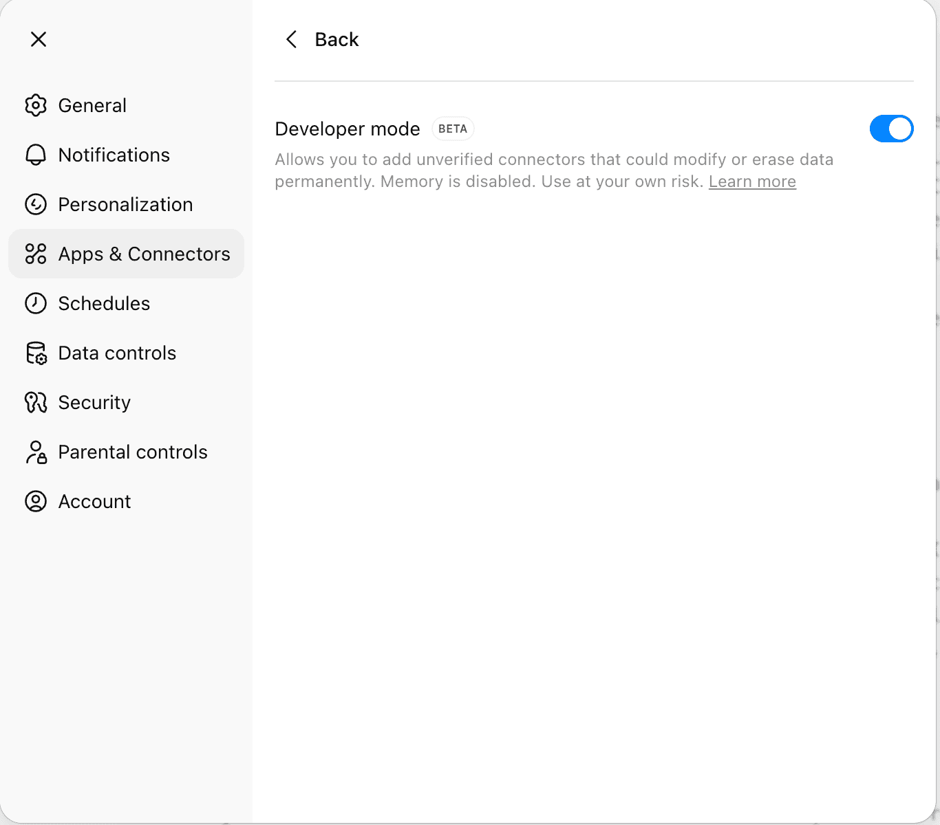 Screenshot: Developer mode aktivieren