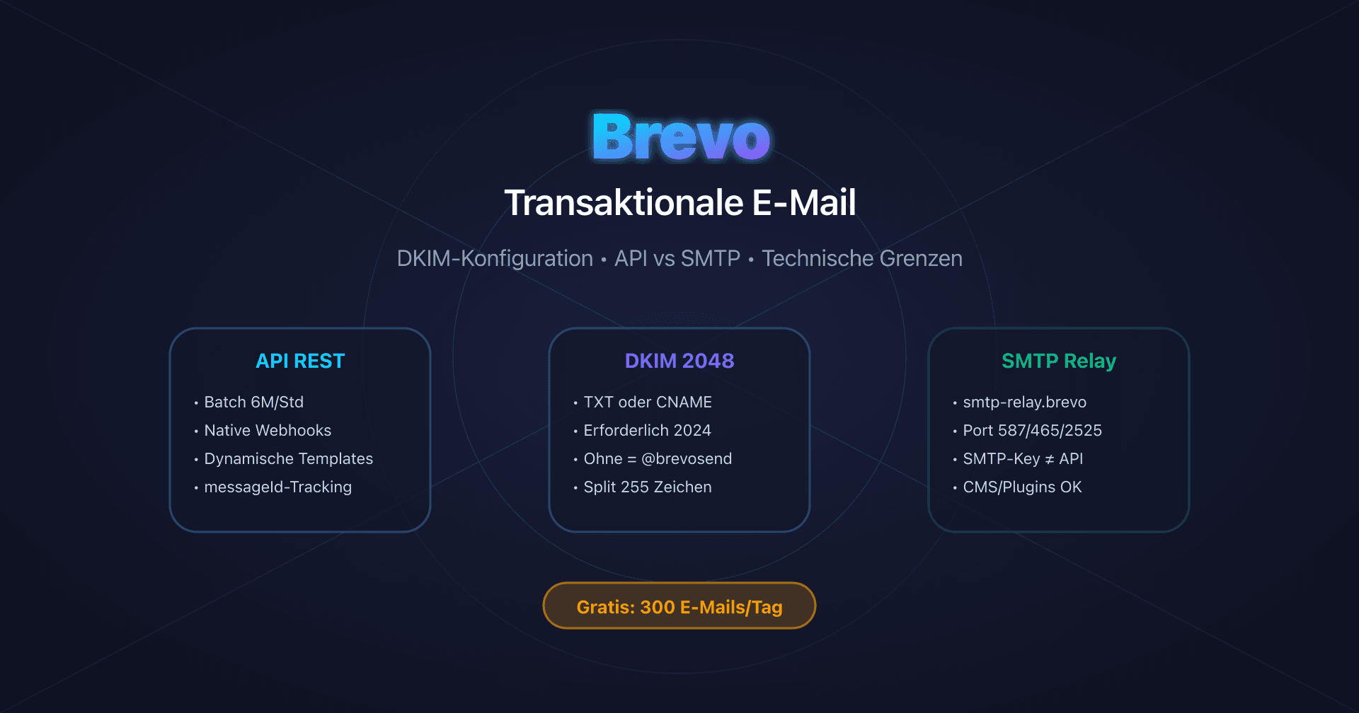 Brevo-Dashboard mit DKIM-Konfiguration und Transaktions-API