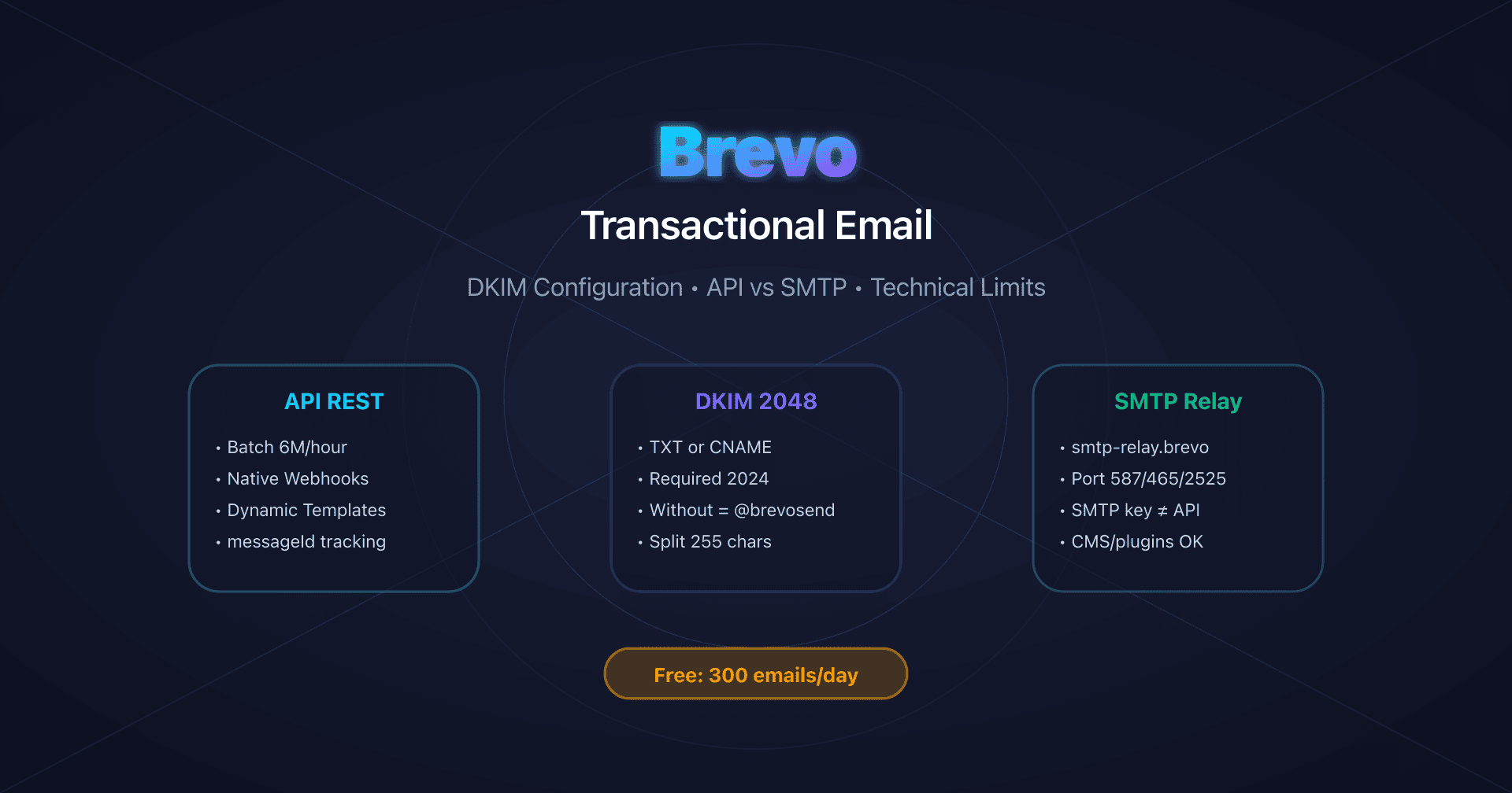 Brevo dashboard with DKIM configuration and transactional API