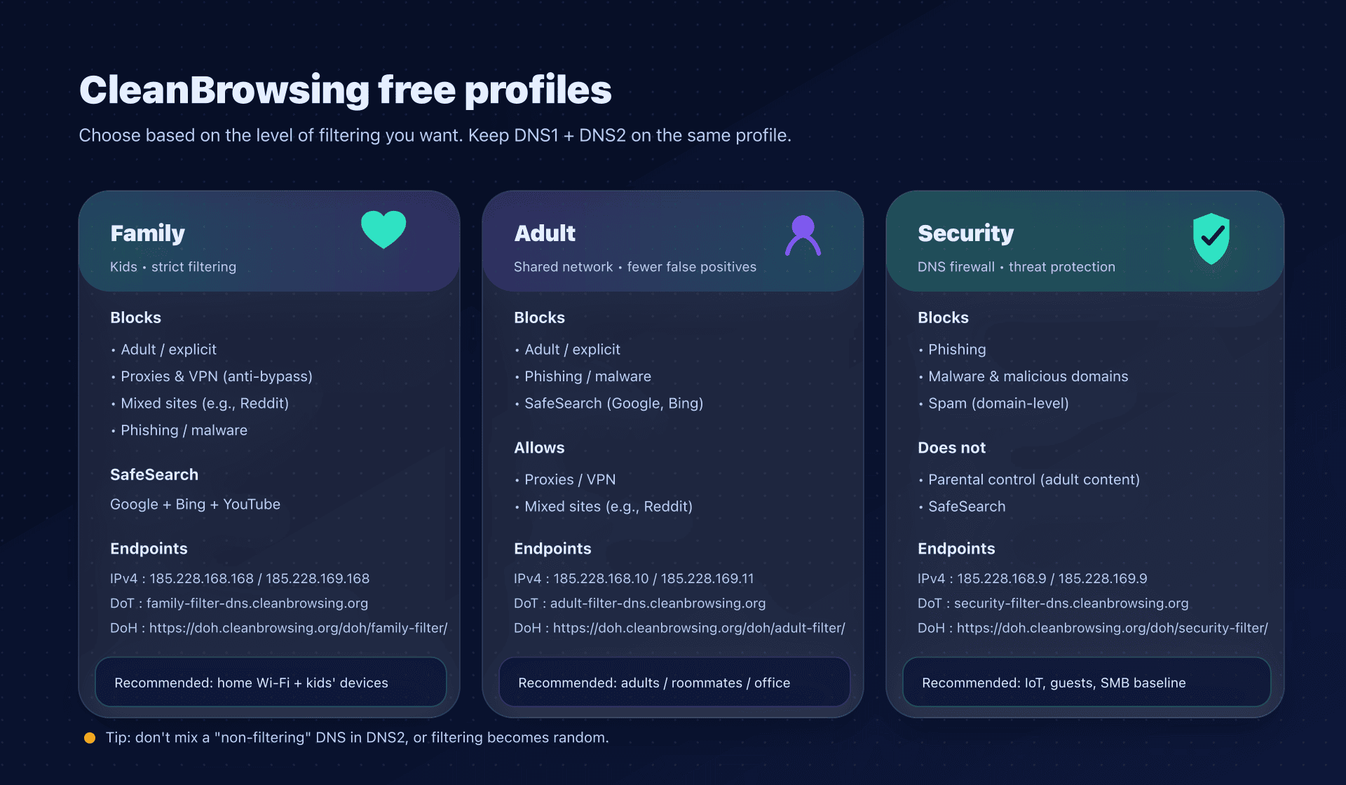 Clean Browsing CleanBrowsing DNS: family filtering, privacy, and encrypted DNS