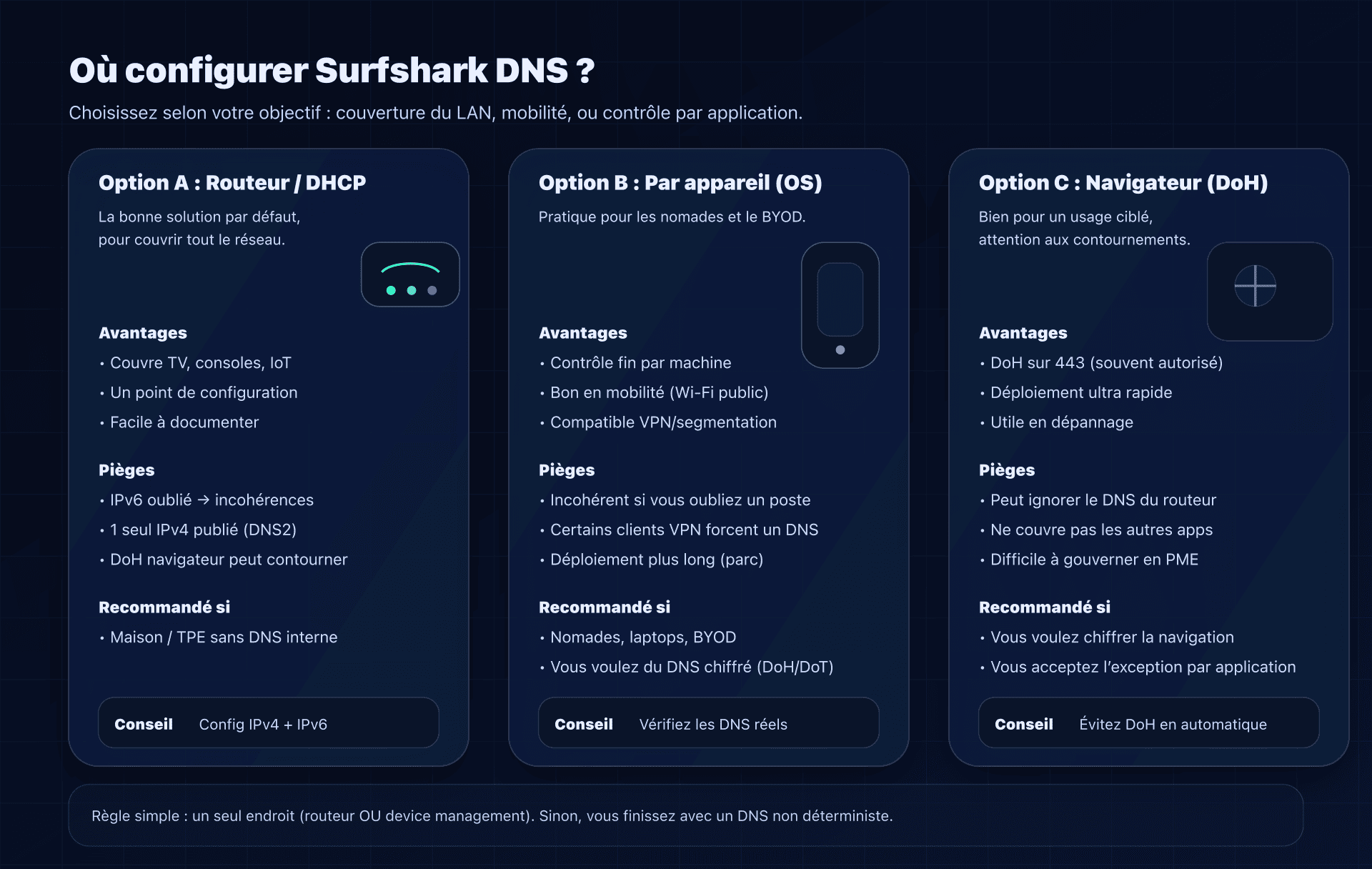 Où configurer Surfshark DNS : routeur vs appareil vs navigateur (et leurs compromis)