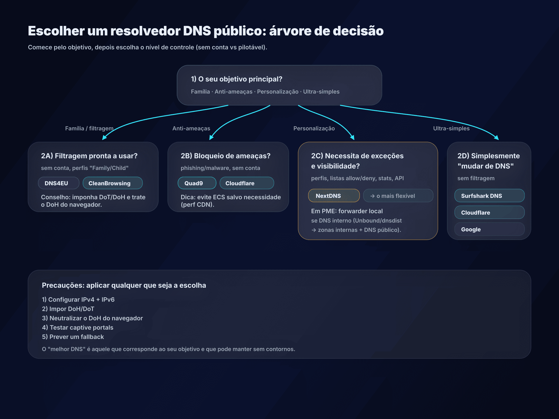 Árvore de decisão: qual resolvedor DNS escolher conforme seu objetivo