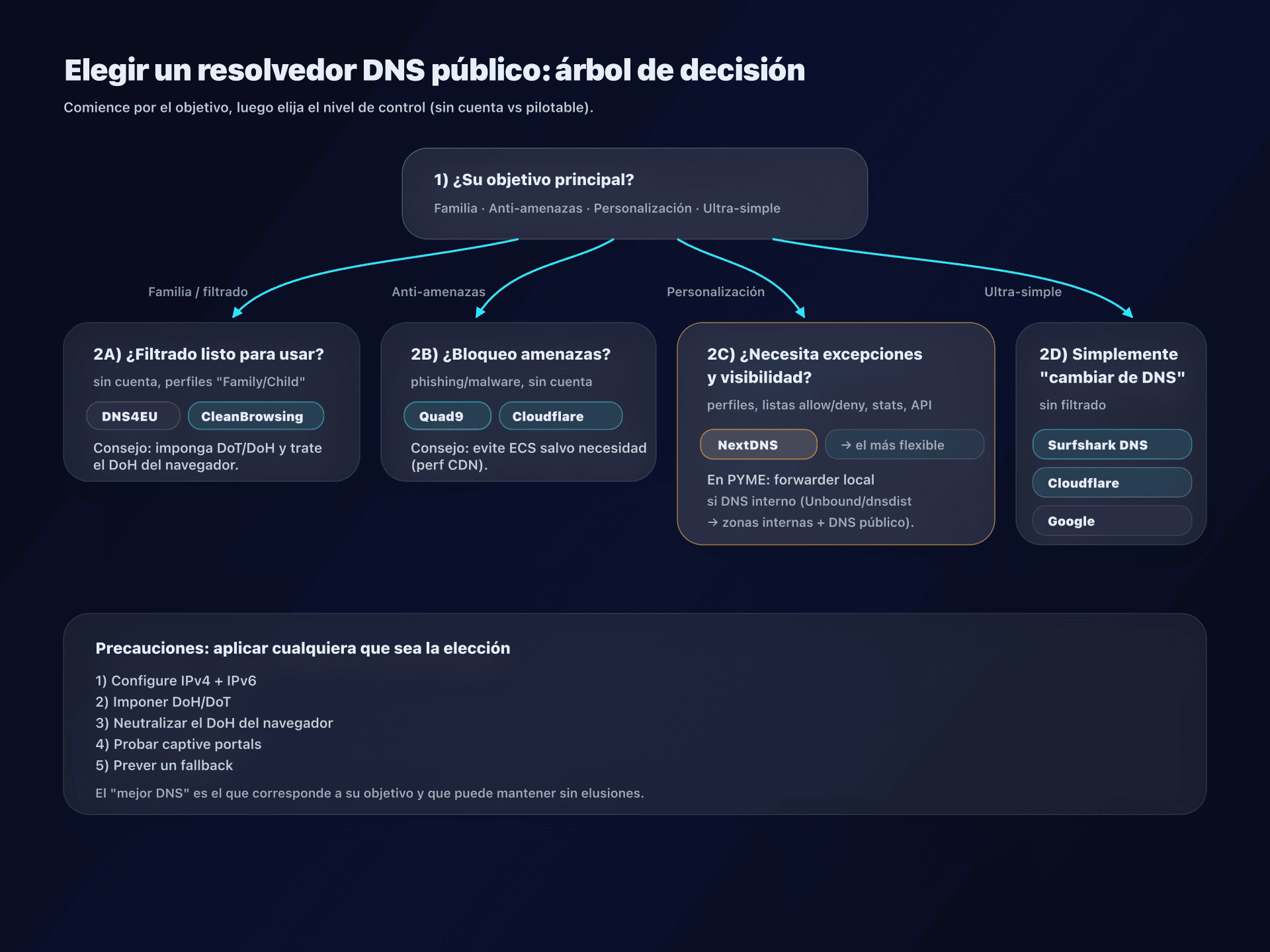 Árbol de decisión: qué resolutor DNS elegir según tu objetivo