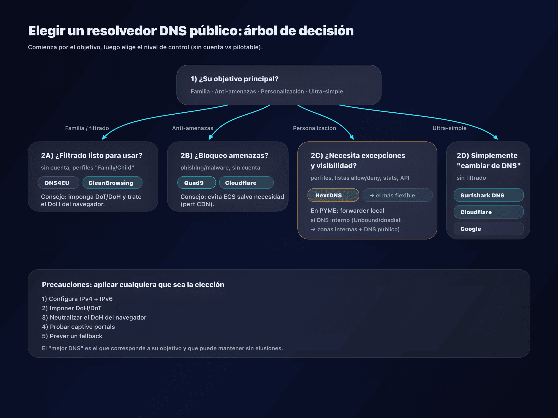 Árbol de decisión: qué resolvedor DNS elegir según tu objetivo