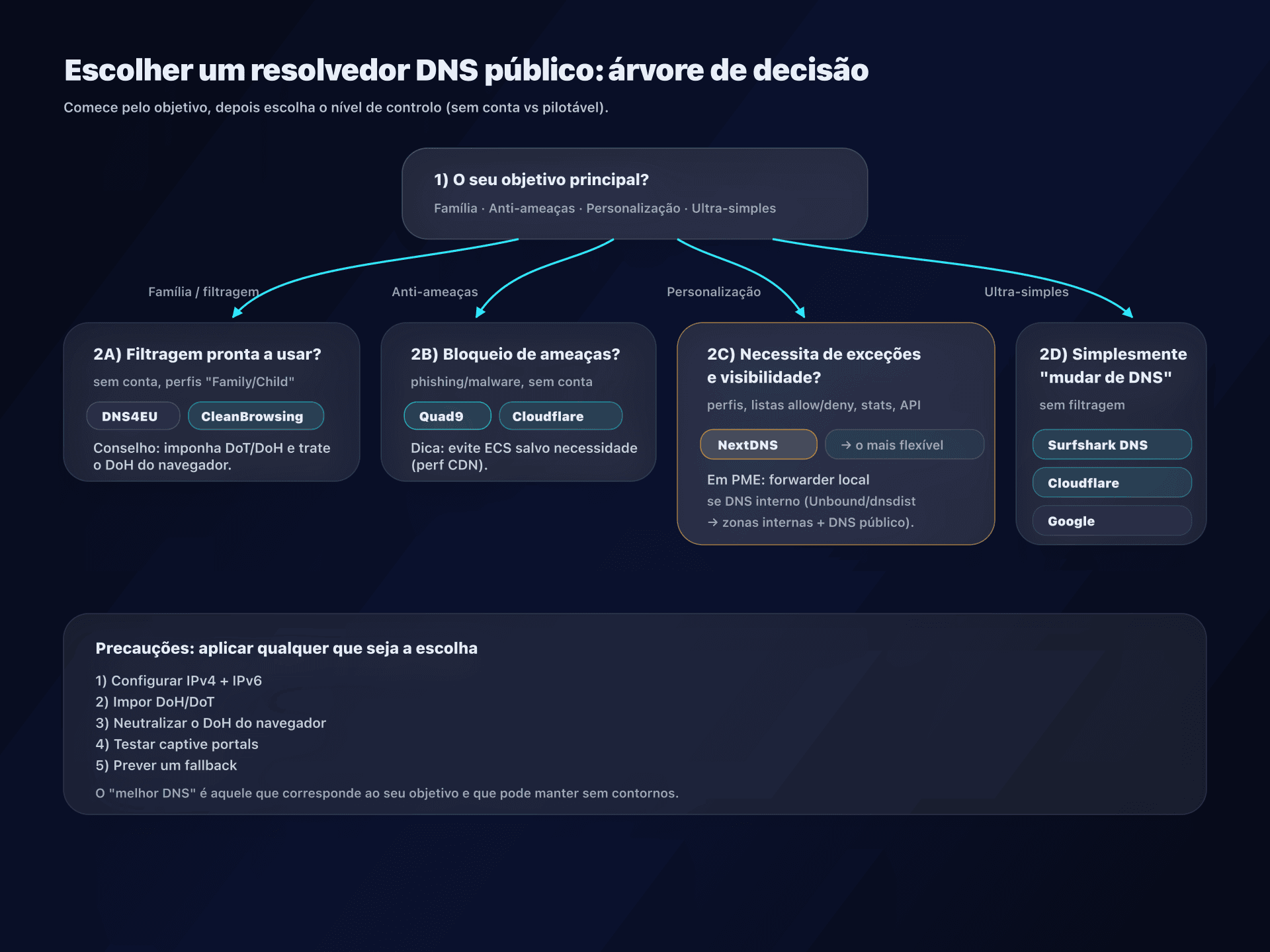 Árvore de decisão: qual resolvedor DNS escolher conforme o seu objetivo