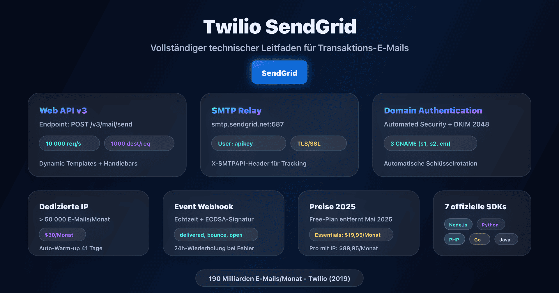 SendGrid-Dashboard mit Domain Authentication- und Web API v3-Konfiguration