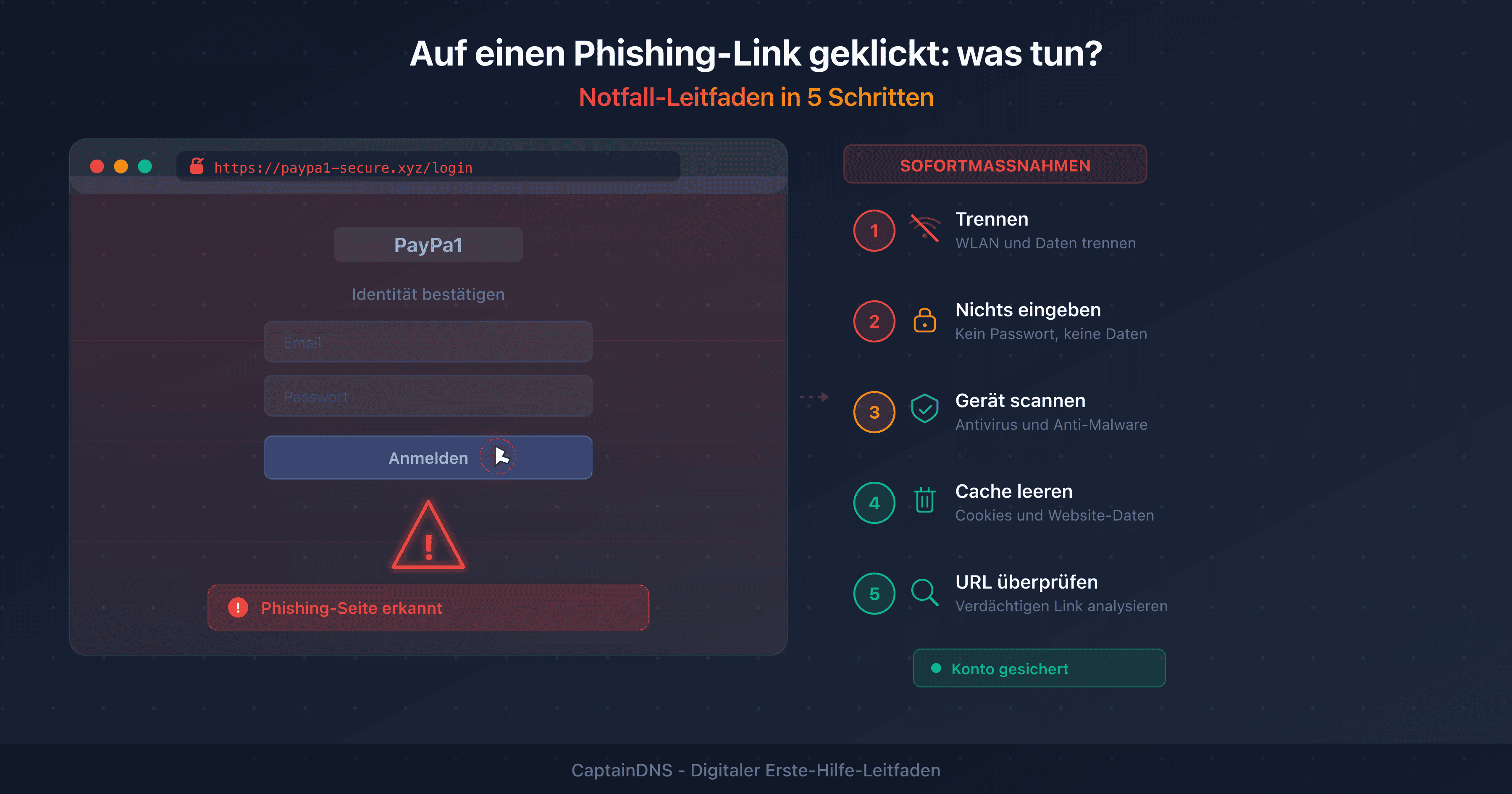 Warnbildschirm nach einem Klick auf einen Phishing-Link mit den sofort zu befolgenden Notfallschritten