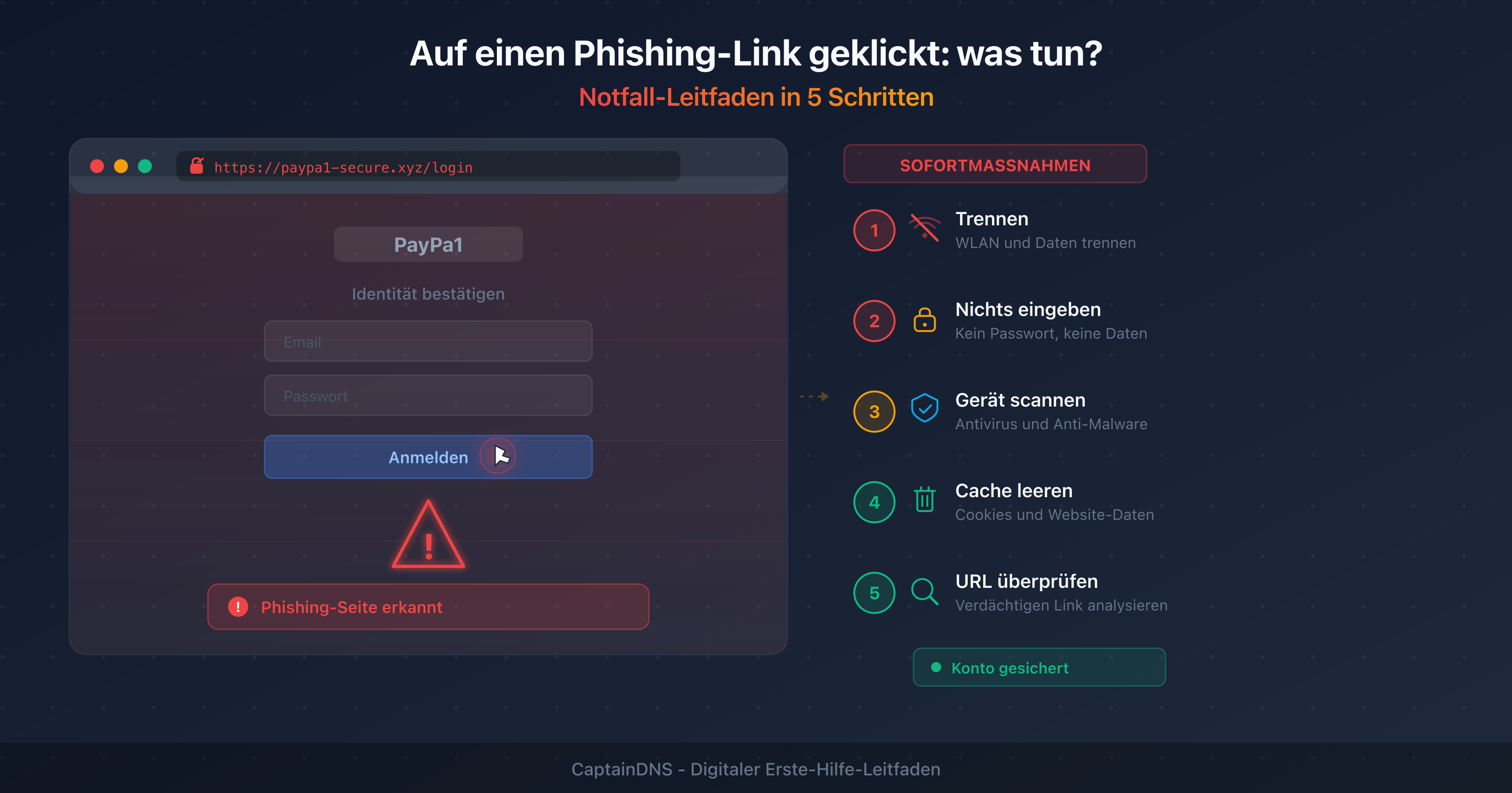 Warnbildschirm nach einem Klick auf einen Phishing-Link mit den sofort zu befolgenden Notfallschritten