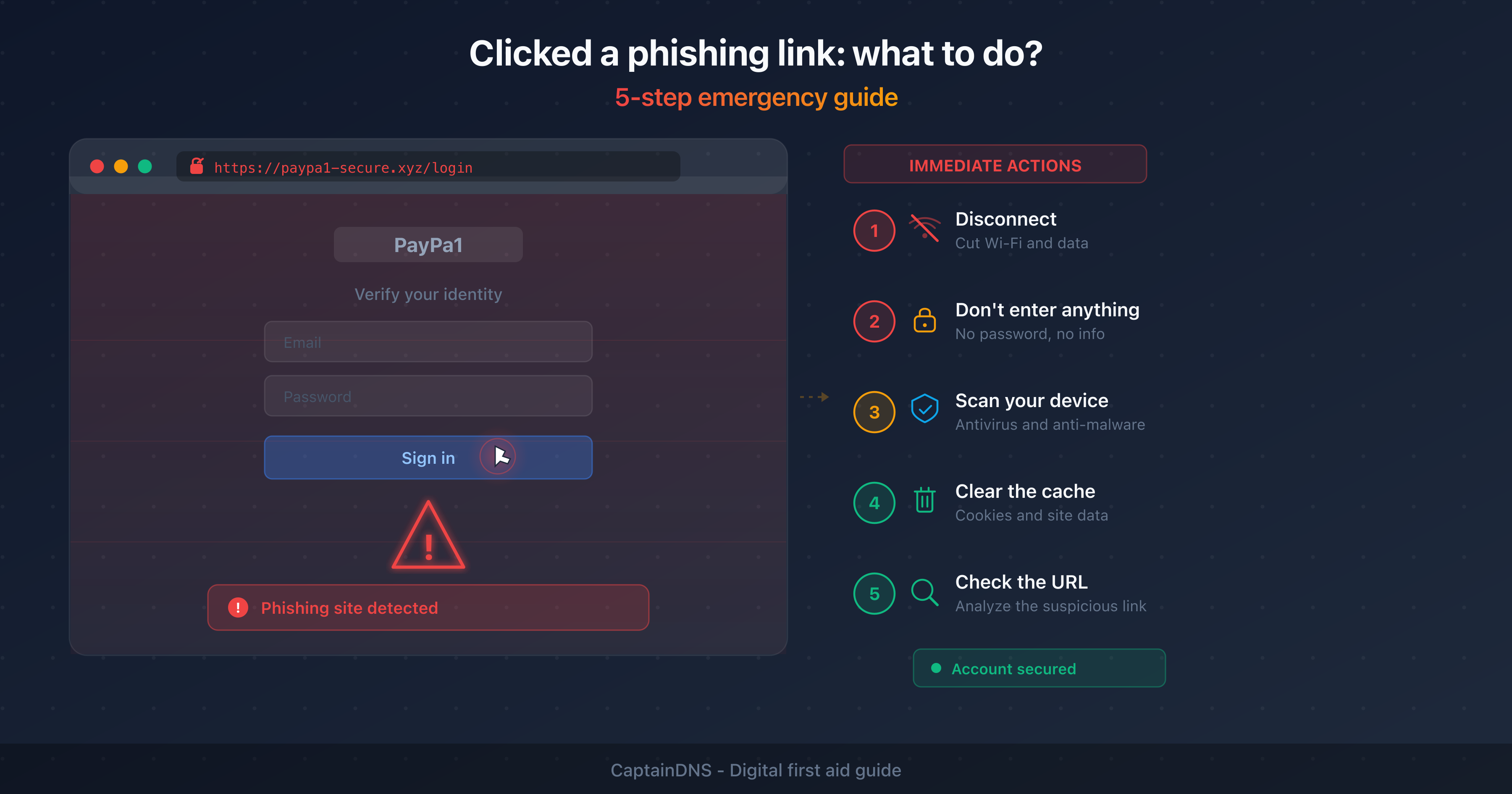 Alert screen after clicking a phishing link with emergency steps to follow