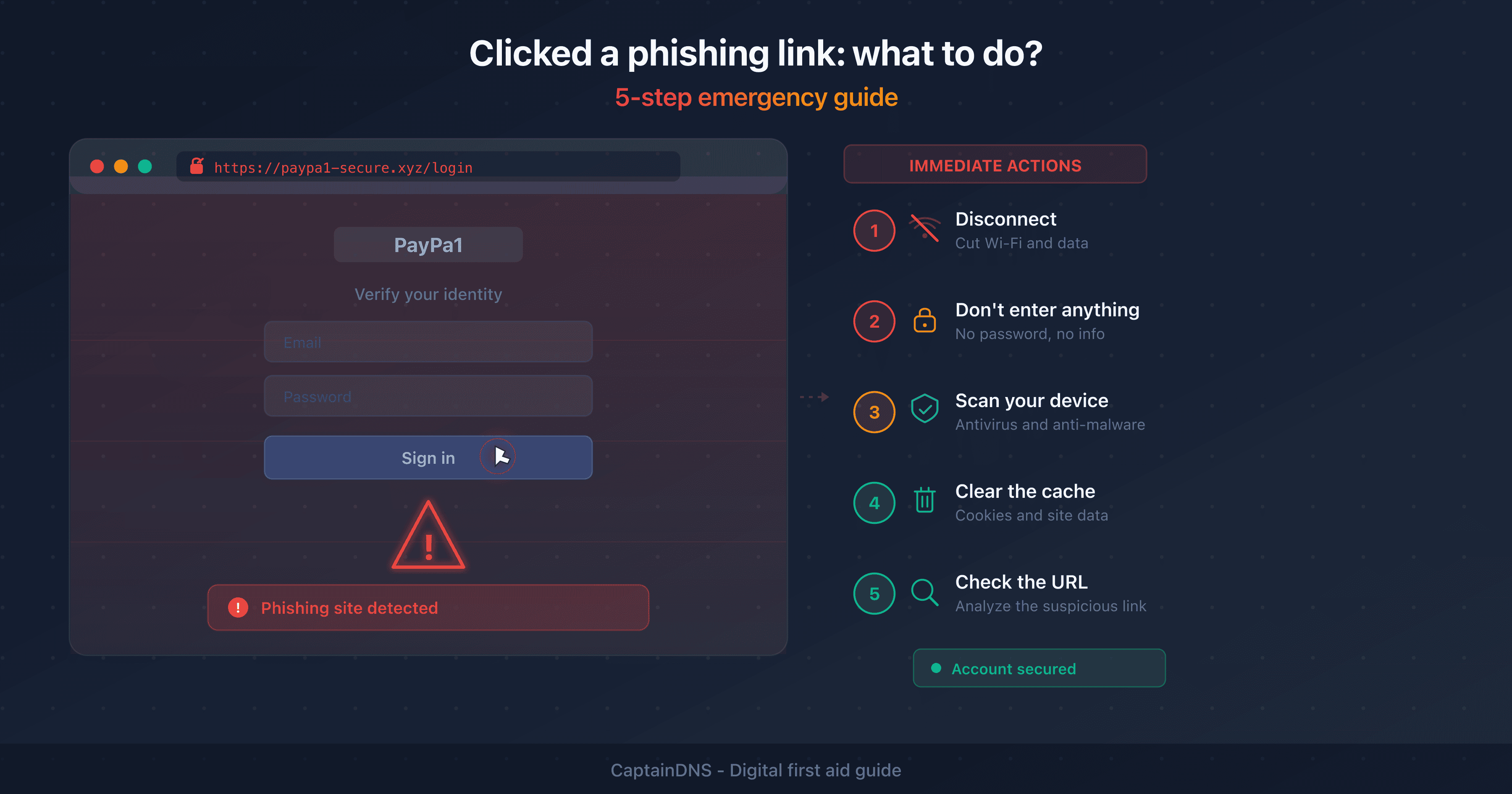 Alert screen after clicking a phishing link with emergency steps to follow