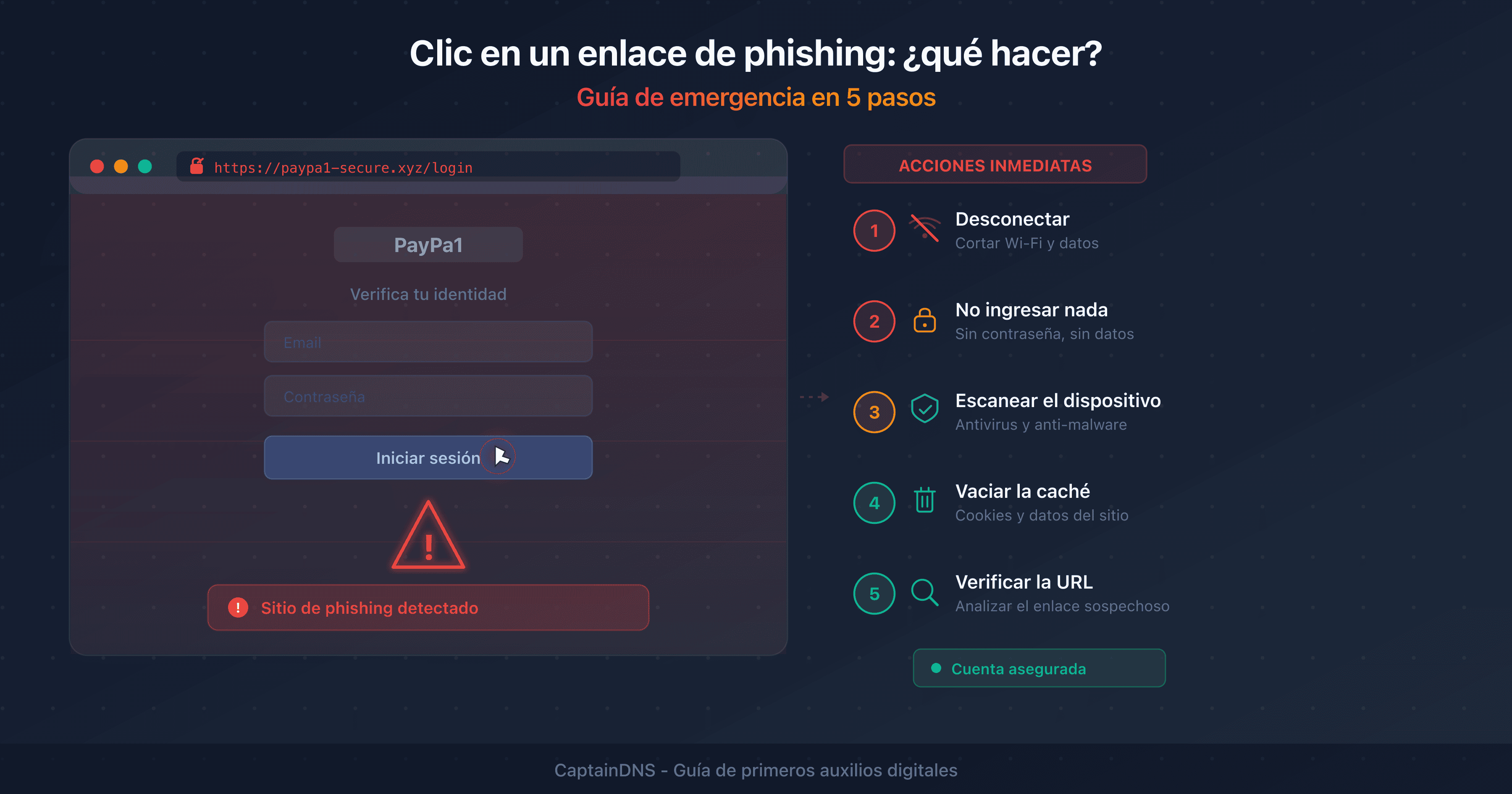 Pantalla de alerta tras hacer clic en un enlace de phishing con los pasos de emergencia a seguir
