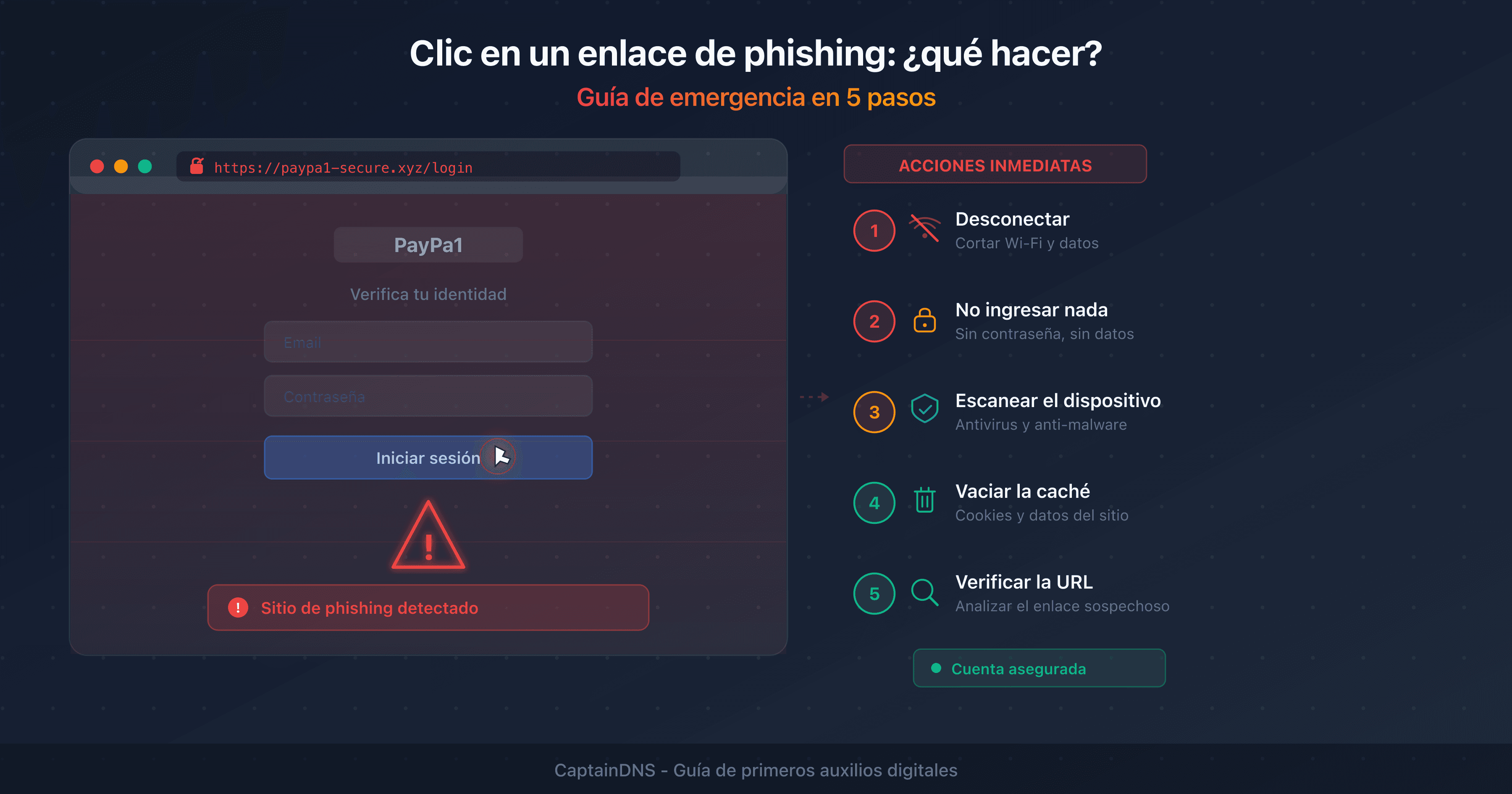 Pantalla de alerta tras hacer clic en un enlace de phishing con los pasos de emergencia a seguir