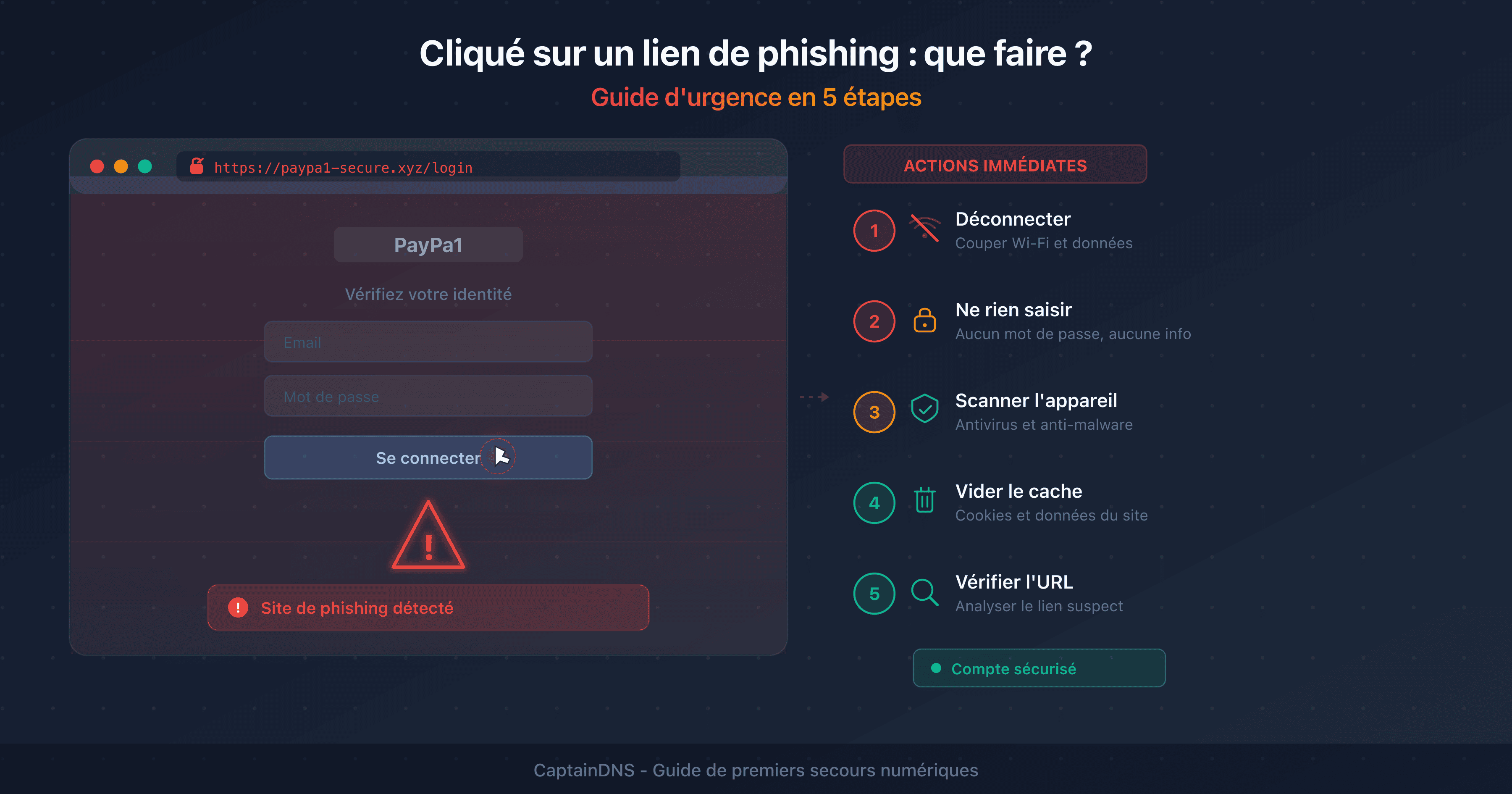 Écran d'alerte après un clic sur un lien de phishing avec les étapes d'urgence à suivre