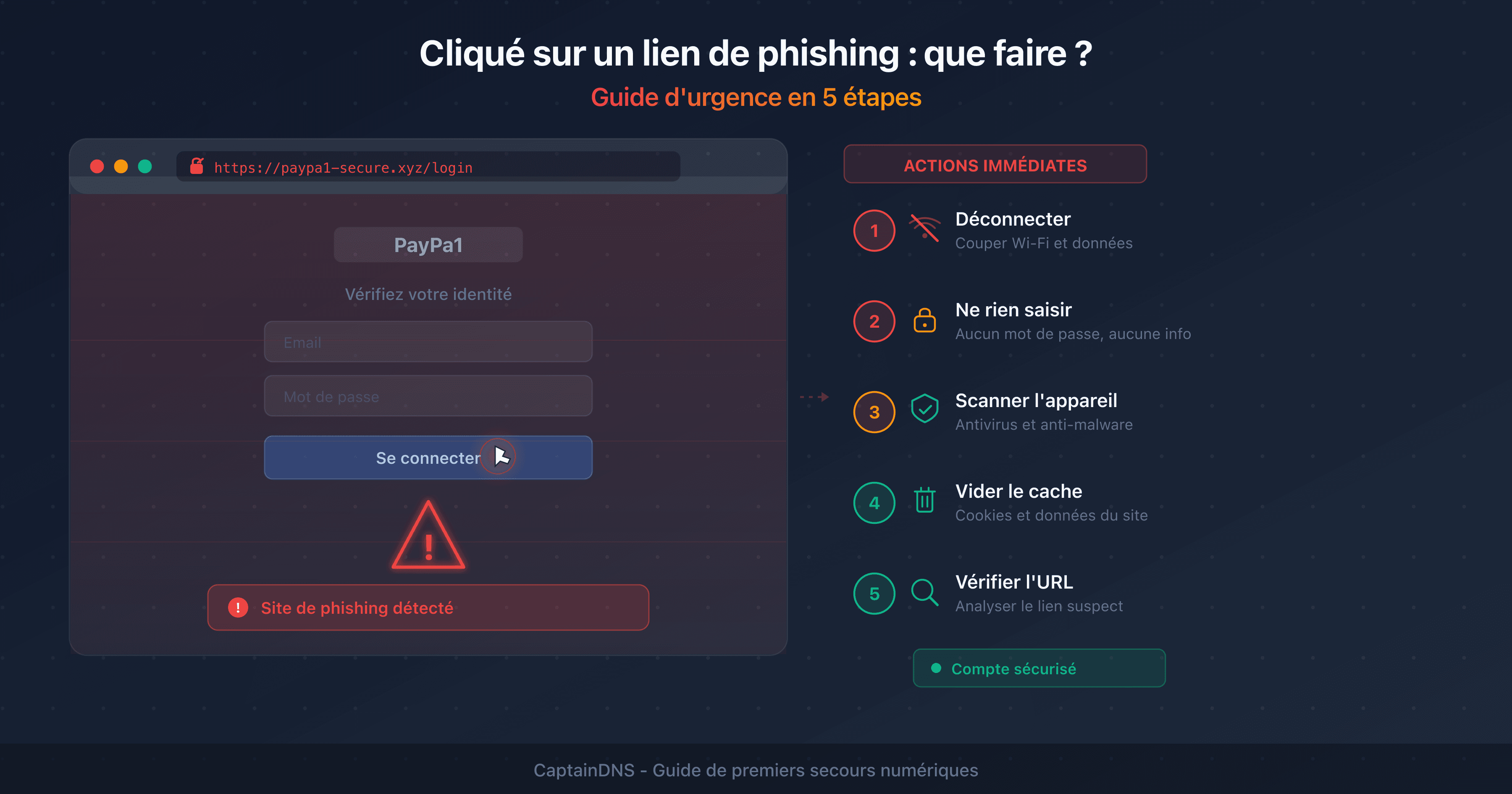 Écran d'alerte après un clic sur un lien de phishing avec les étapes d'urgence à suivre
