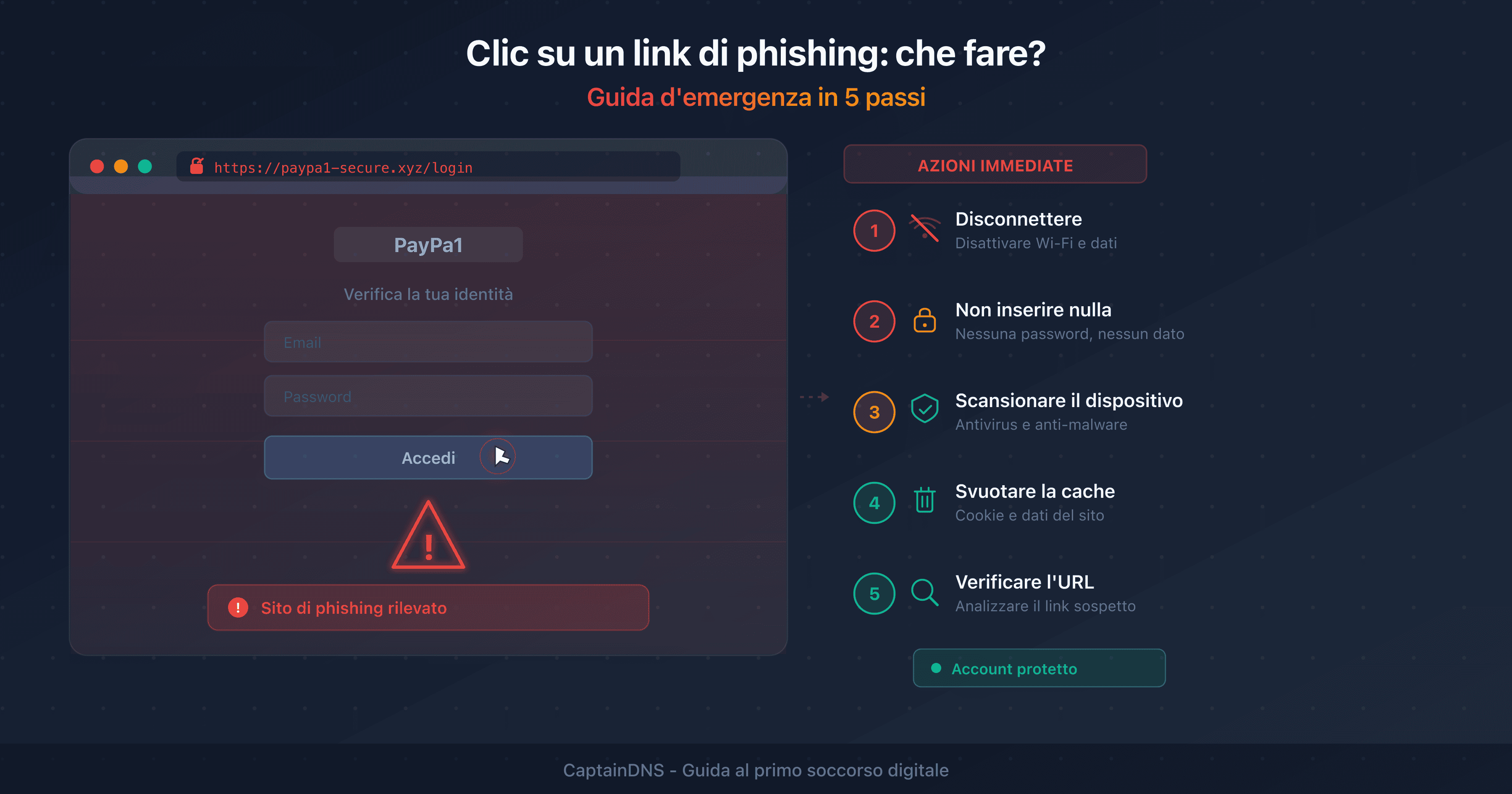 Schermata di allarme dopo un clic su un link di phishing con i passaggi d'emergenza da seguire