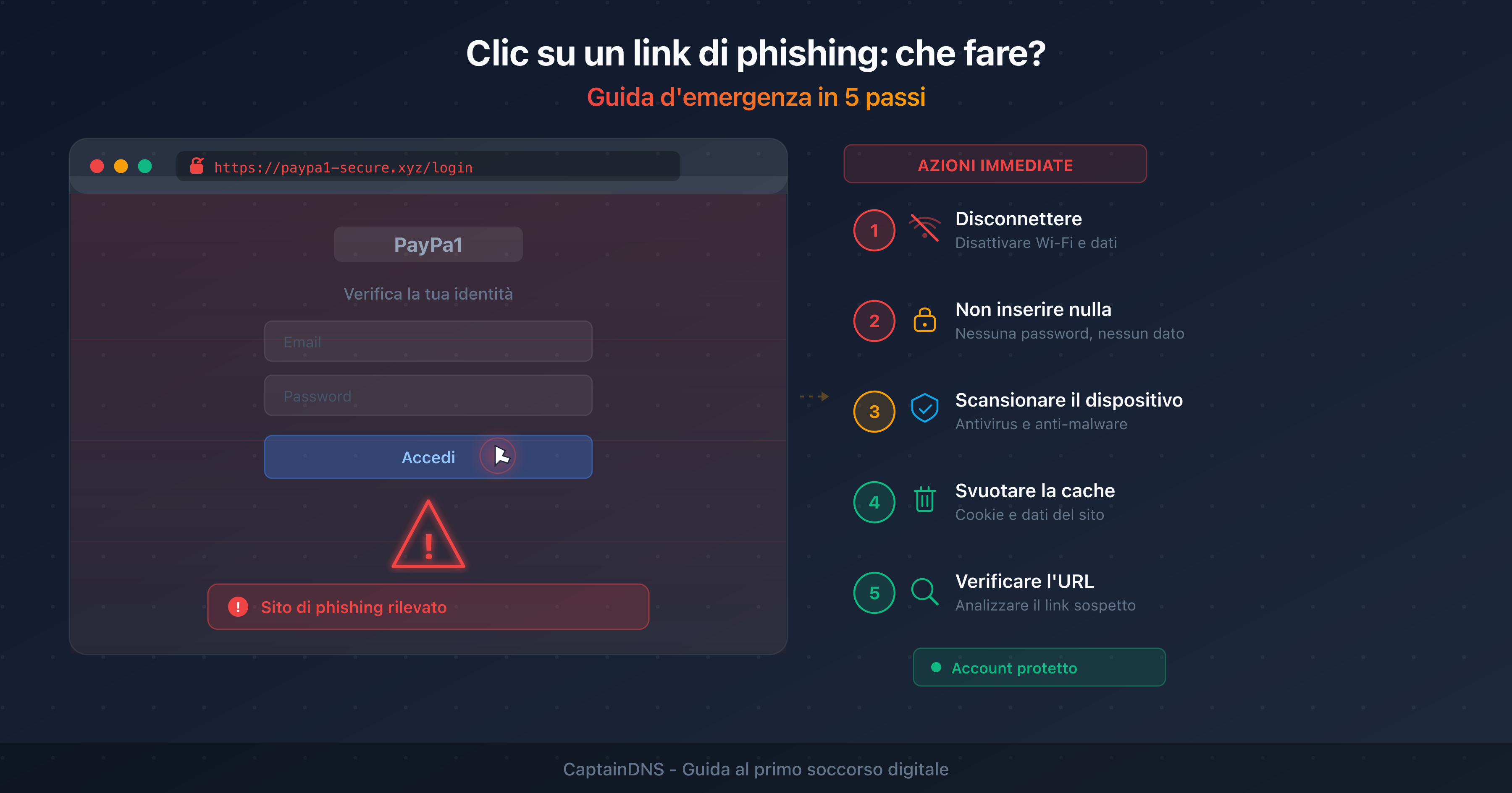 Schermata di allarme dopo un clic su un link di phishing con i passaggi d'emergenza da seguire