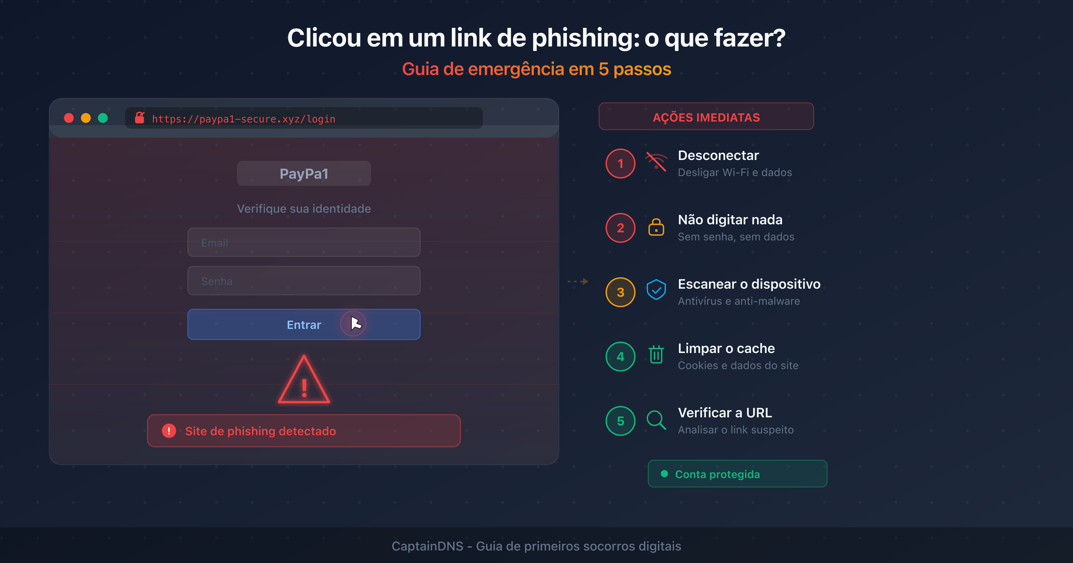 Tela de alerta após clicar em um link de phishing com os passos de emergência a seguir