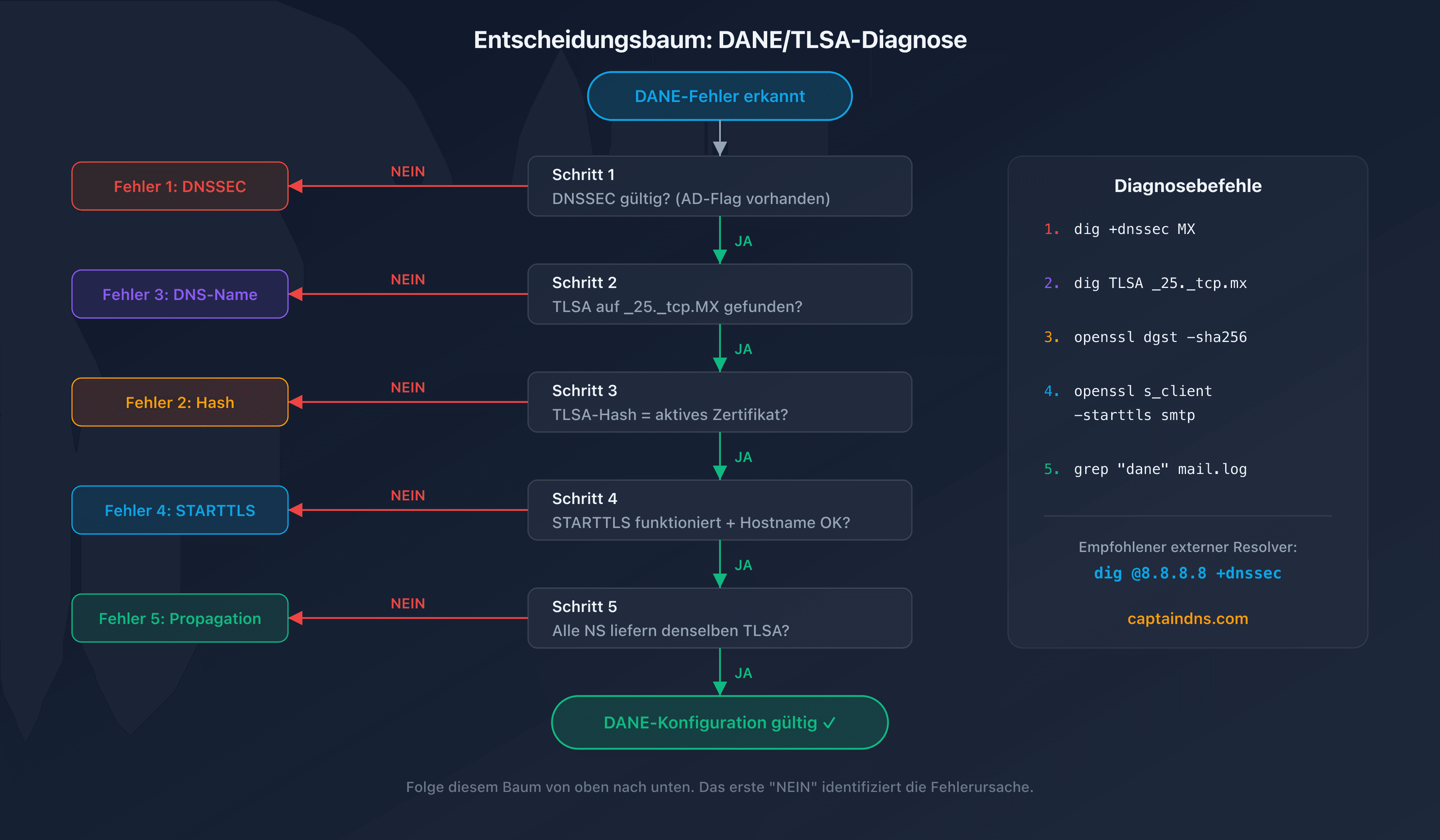 Entscheidungsbaum zur Diagnose von DANE/TLSA-Fehlern