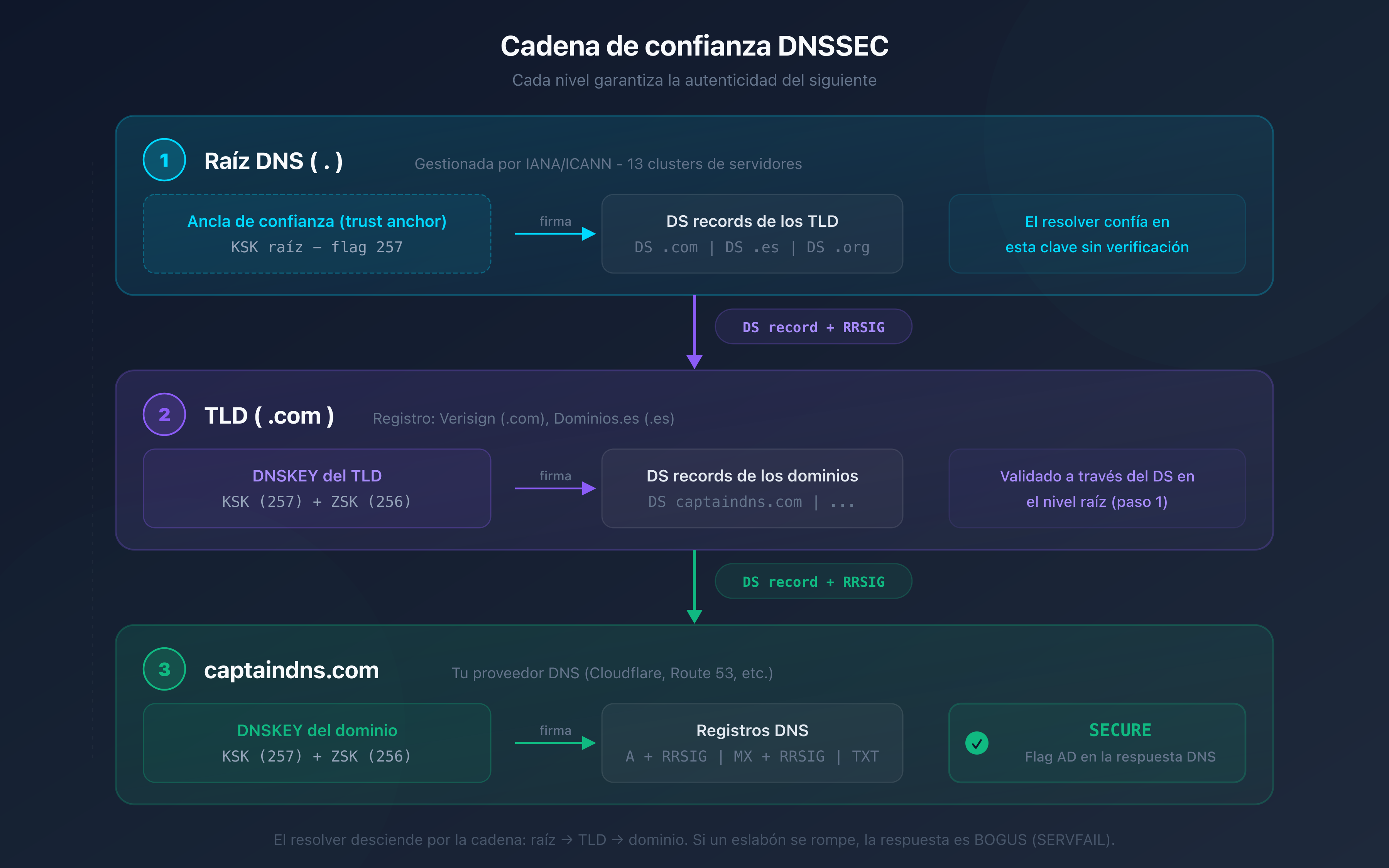 Cadena de confianza DNSSEC: desde la raíz DNS hasta el dominio, cada nivel firma al siguiente