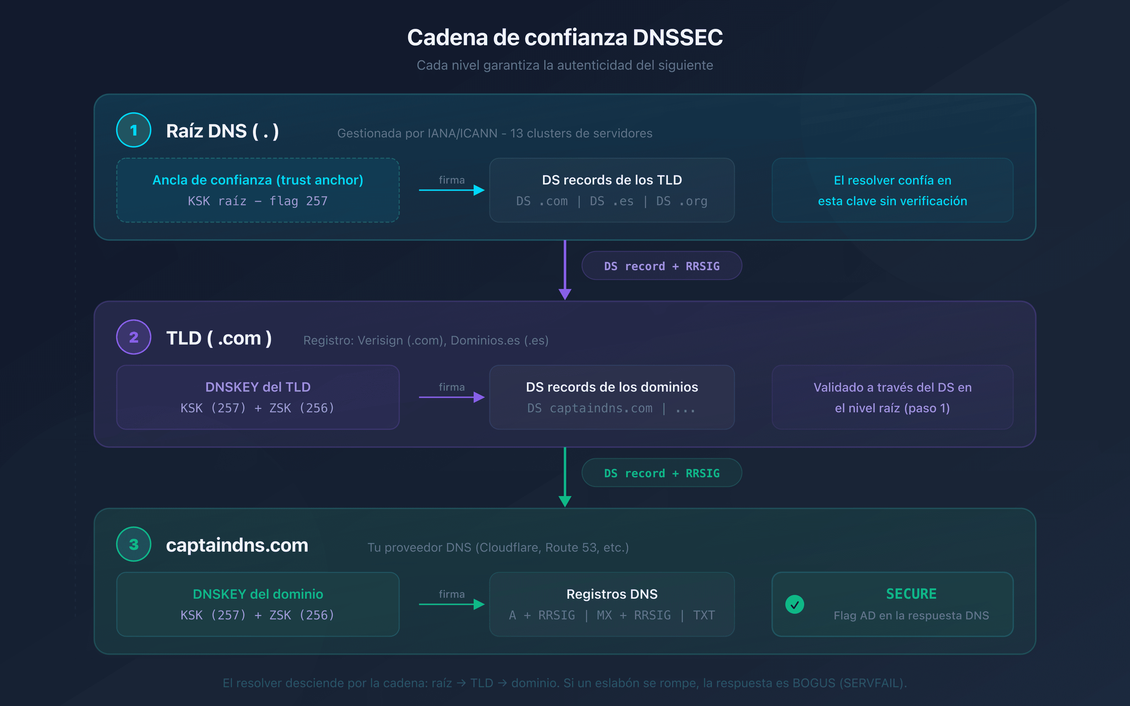 Cadena de confianza DNSSEC: desde la raíz DNS hasta el dominio, cada nivel firma al siguiente