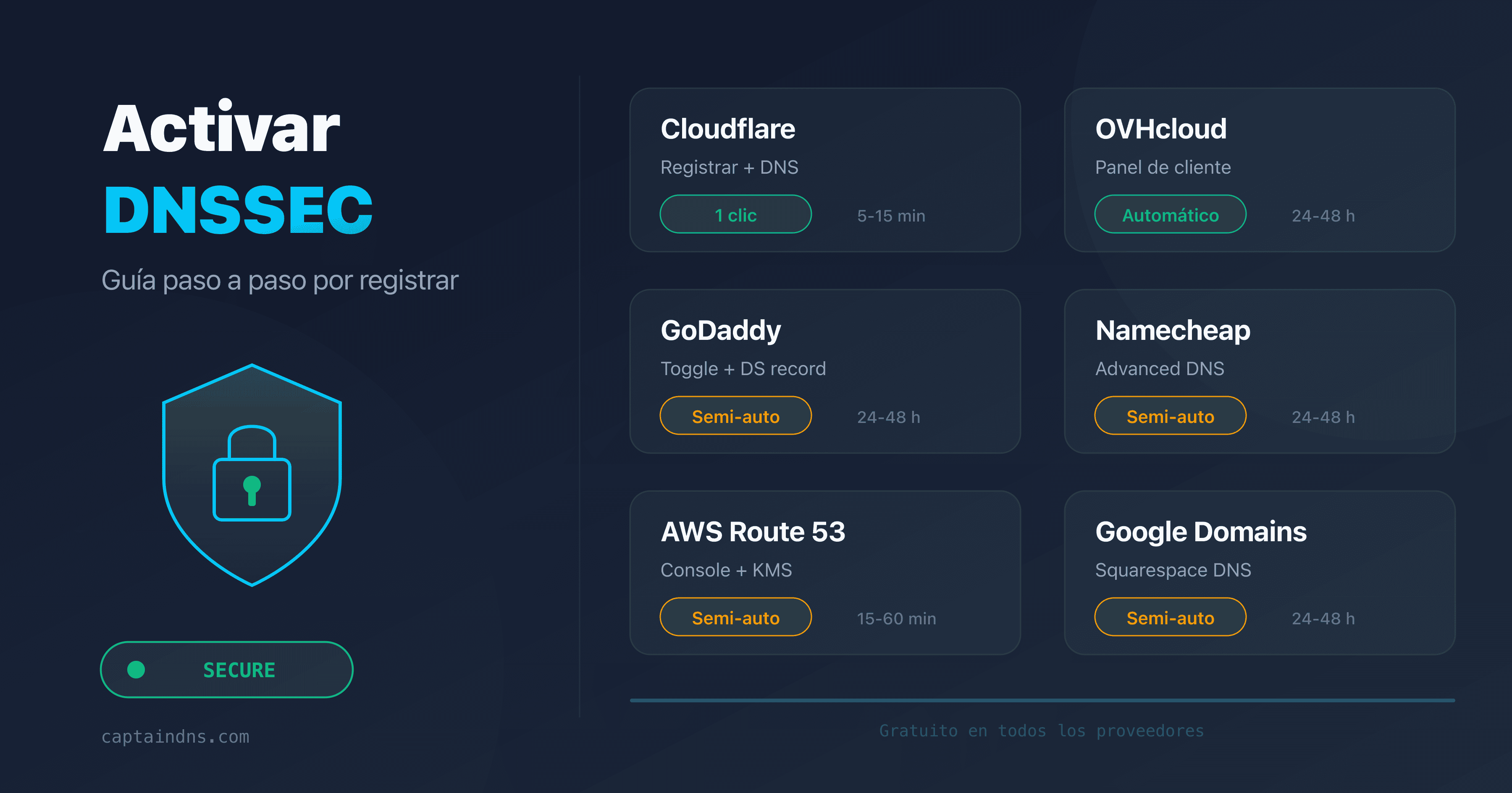 Activar DNSSEC en los principales registrars: Cloudflare, OVH, GoDaddy, Namecheap, Route 53, Google Domains