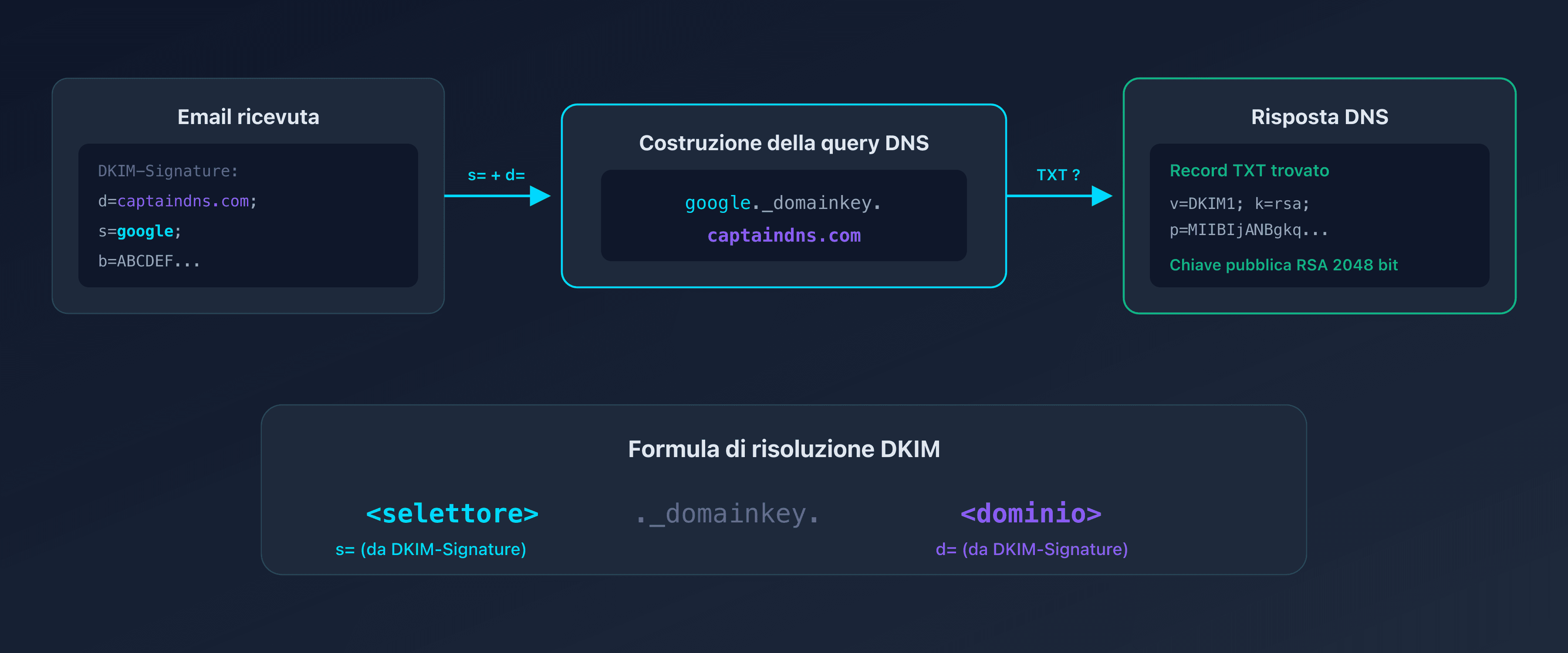 Schema del funzionamento del selettore DKIM nel DNS