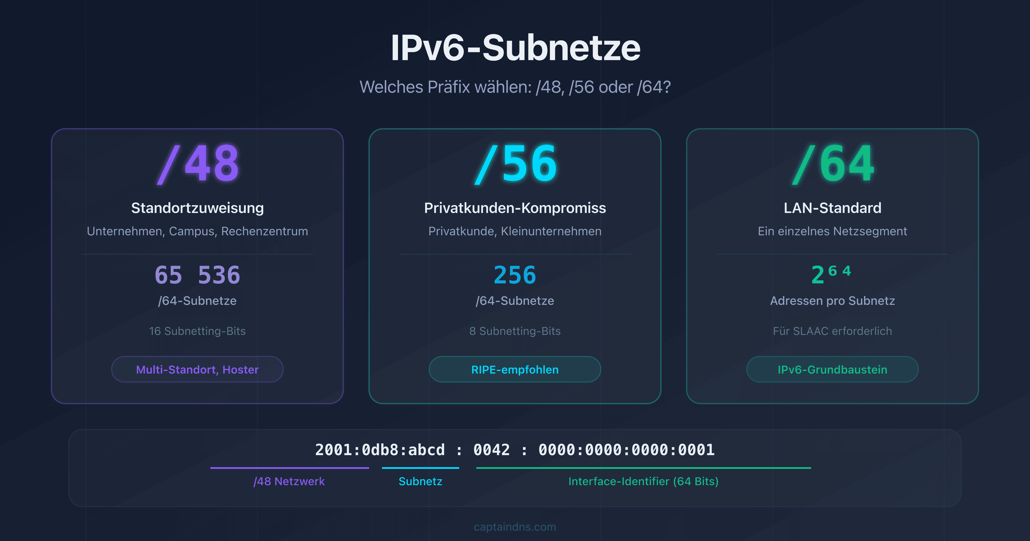 Visueller Vergleich der IPv6-Präfixe /48, /56 und /64 mit Anzahl der Subnetze