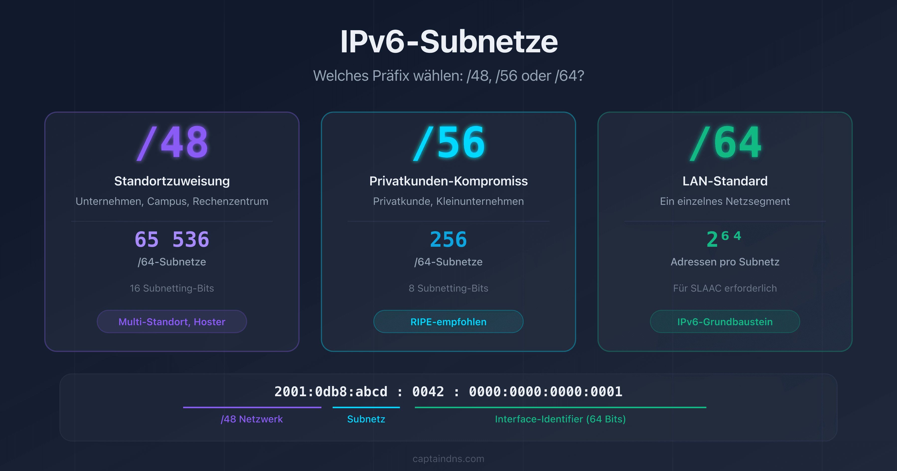 Visueller Vergleich der IPv6-Präfixe /48, /56 und /64 mit Anzahl der Subnetze