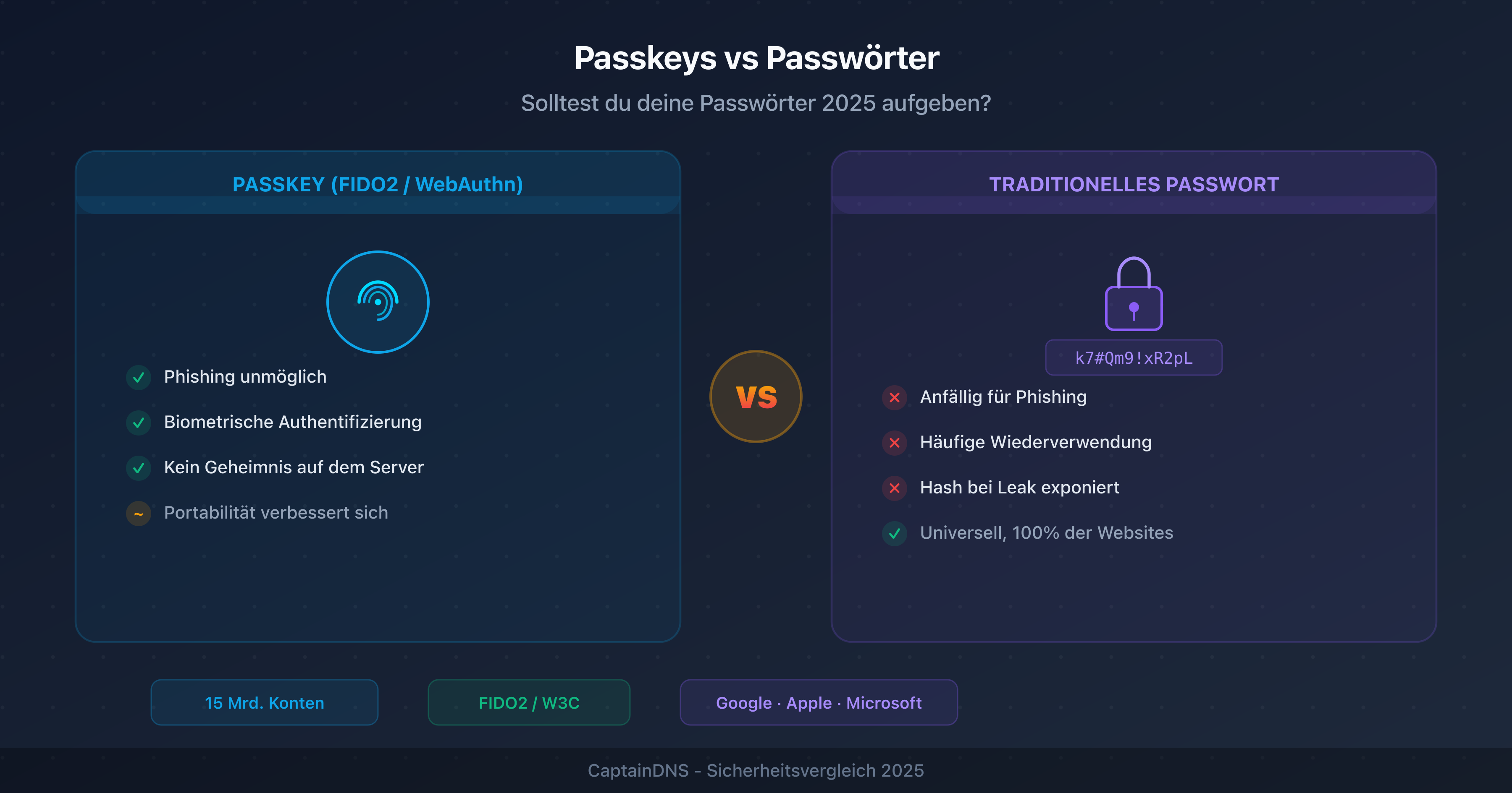 Vergleich zwischen Passkeys (kryptografischer Schlüssel) und herkömmlichen Passwörtern: Sicherheit, Benutzerfreundlichkeit und Verbreitung
