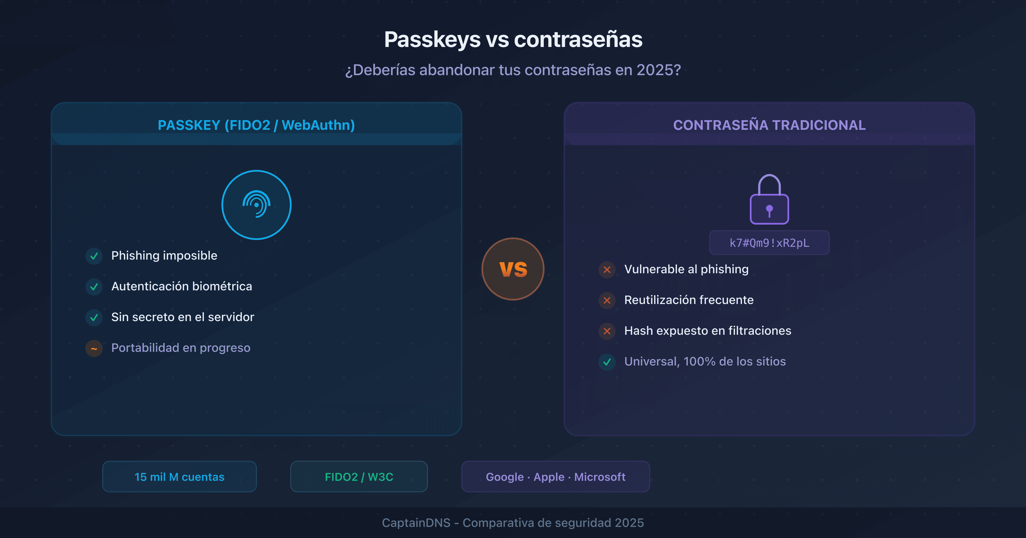 Comparación entre passkeys (clave criptográfica) y contraseñas tradicionales: seguridad, usabilidad y adopción