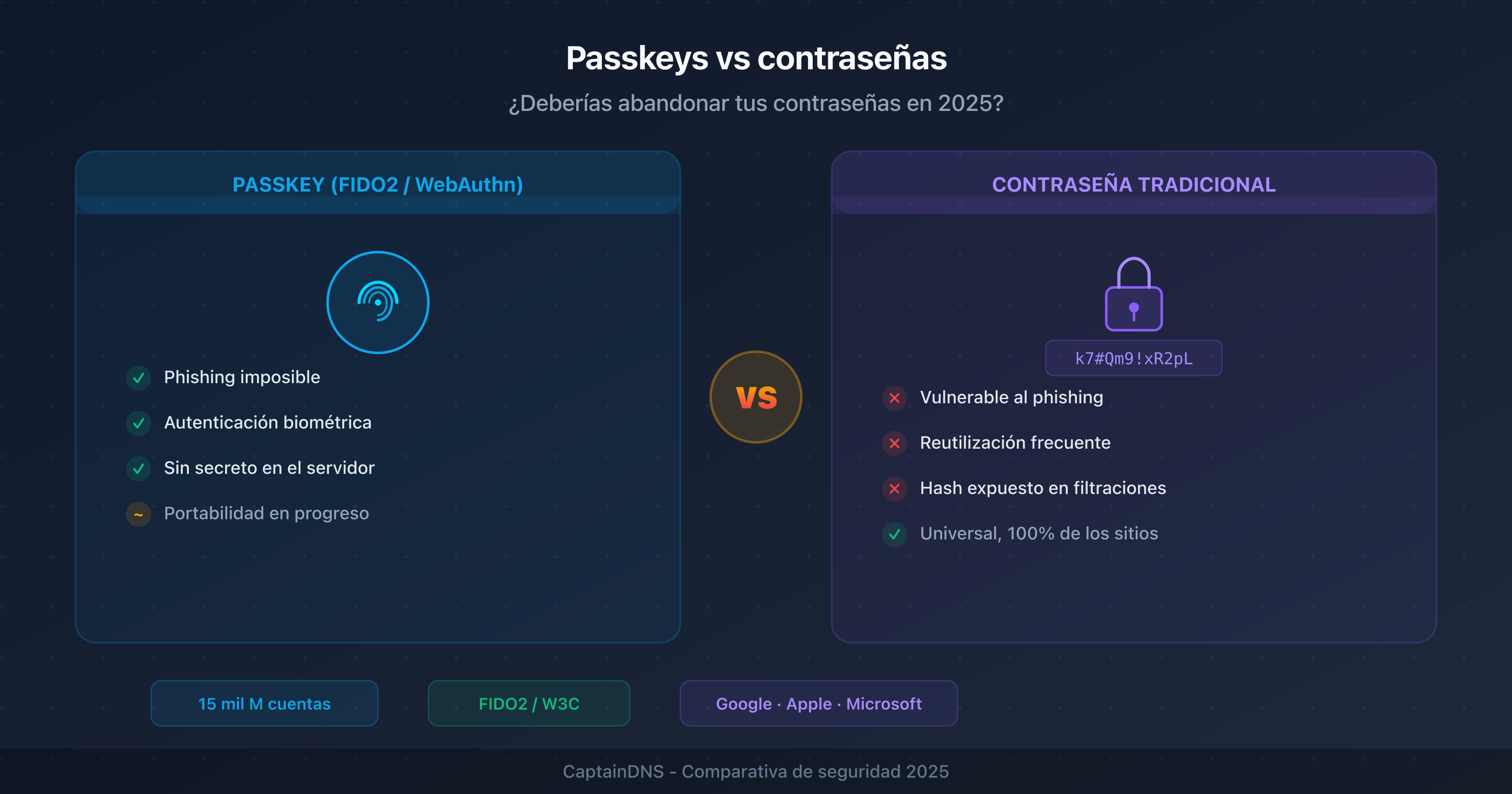 Comparación entre passkeys (clave criptográfica) y contraseñas tradicionales: seguridad, usabilidad y adopción
