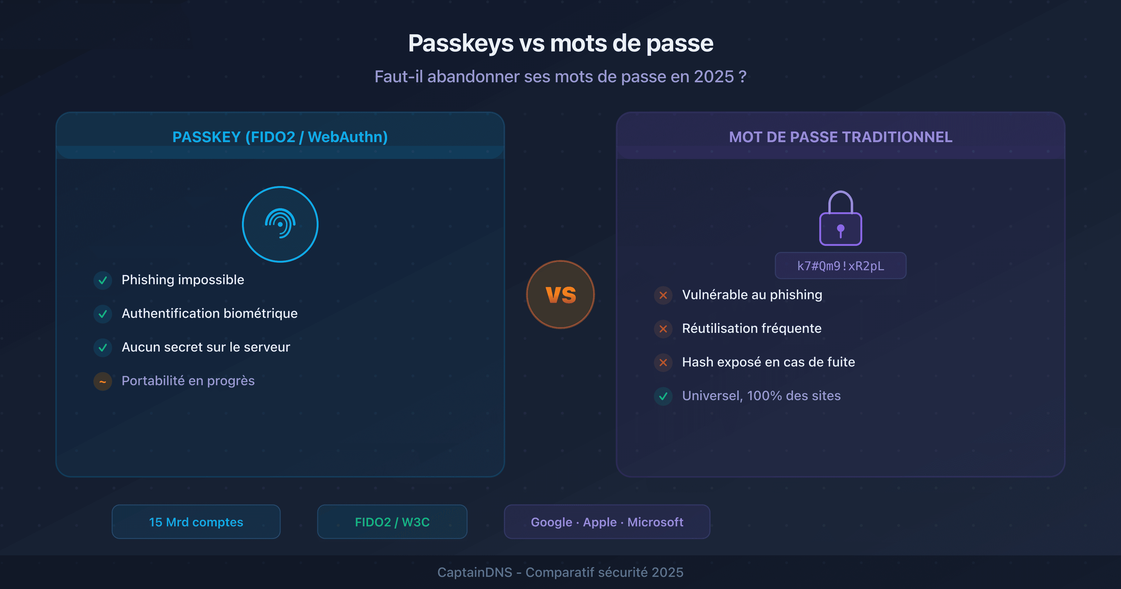 Comparaison entre passkeys (clé cryptographique) et mots de passe traditionnels : sécurité, usabilité et adoption