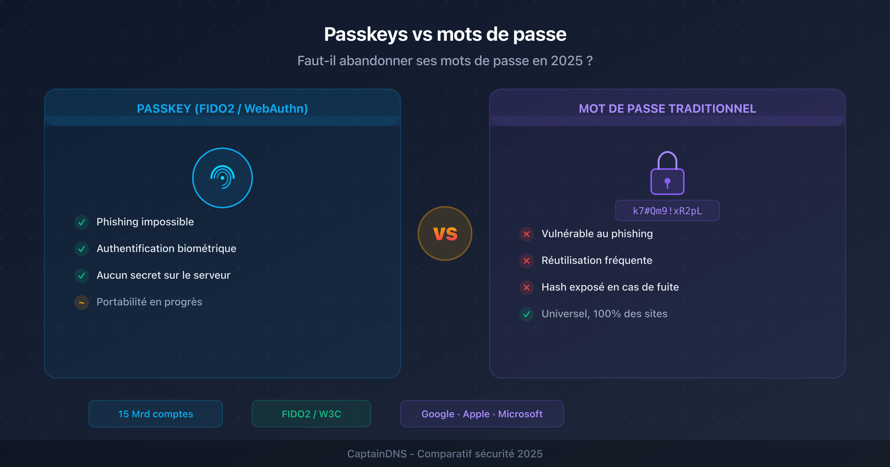 Comparaison entre passkeys (clé cryptographique) et mots de passe traditionnels : sécurité, usabilité et adoption