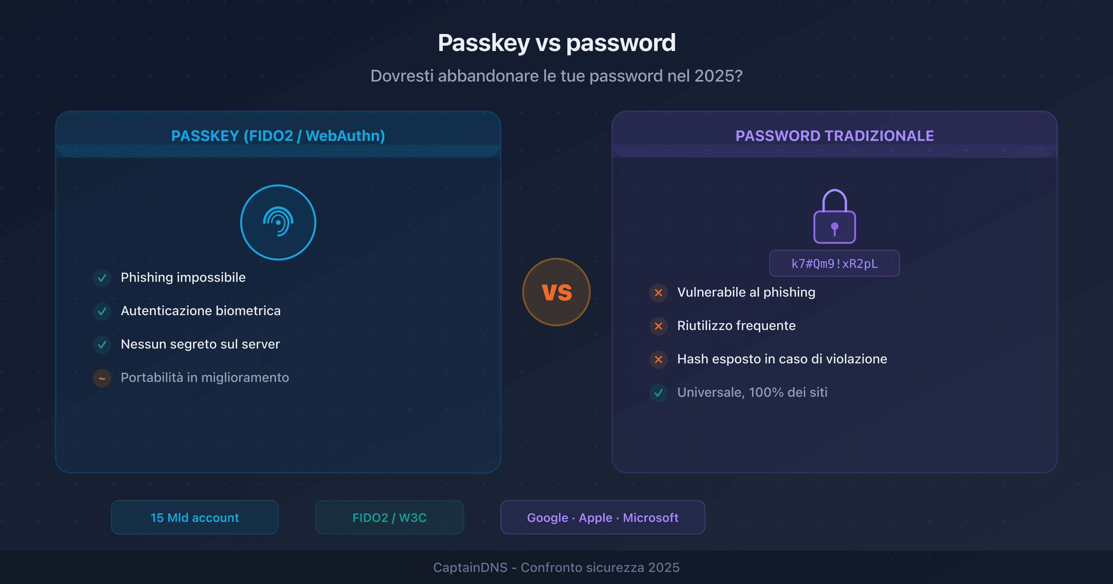 Confronto tra passkey (chiave crittografica) e password tradizionali: sicurezza, usabilità e adozione