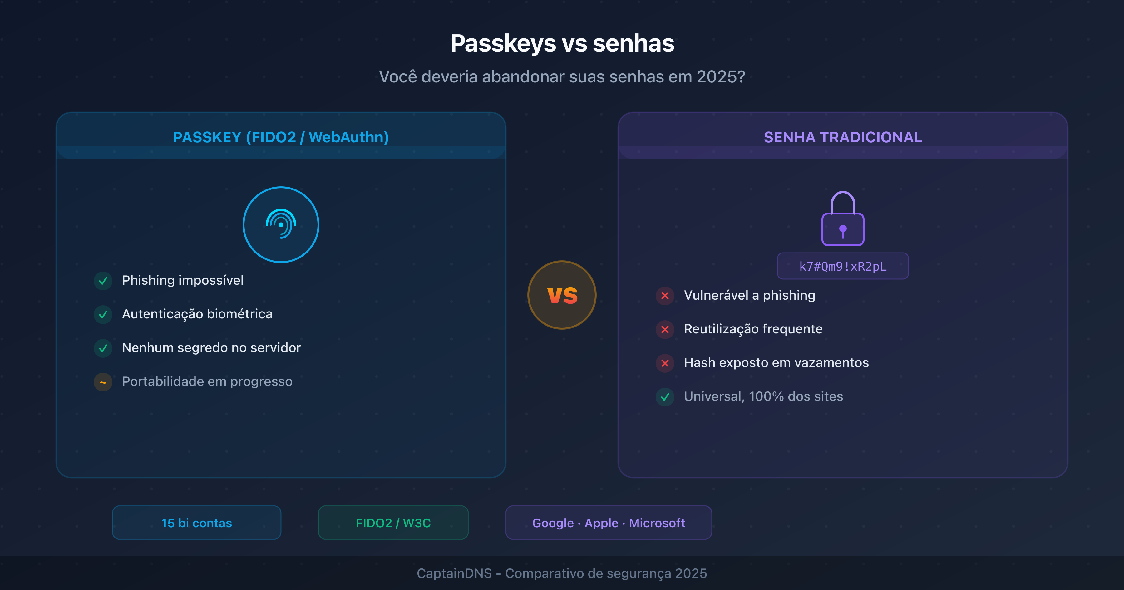 Comparação entre passkeys (chave criptográfica) e senhas tradicionais: segurança, usabilidade e adoção